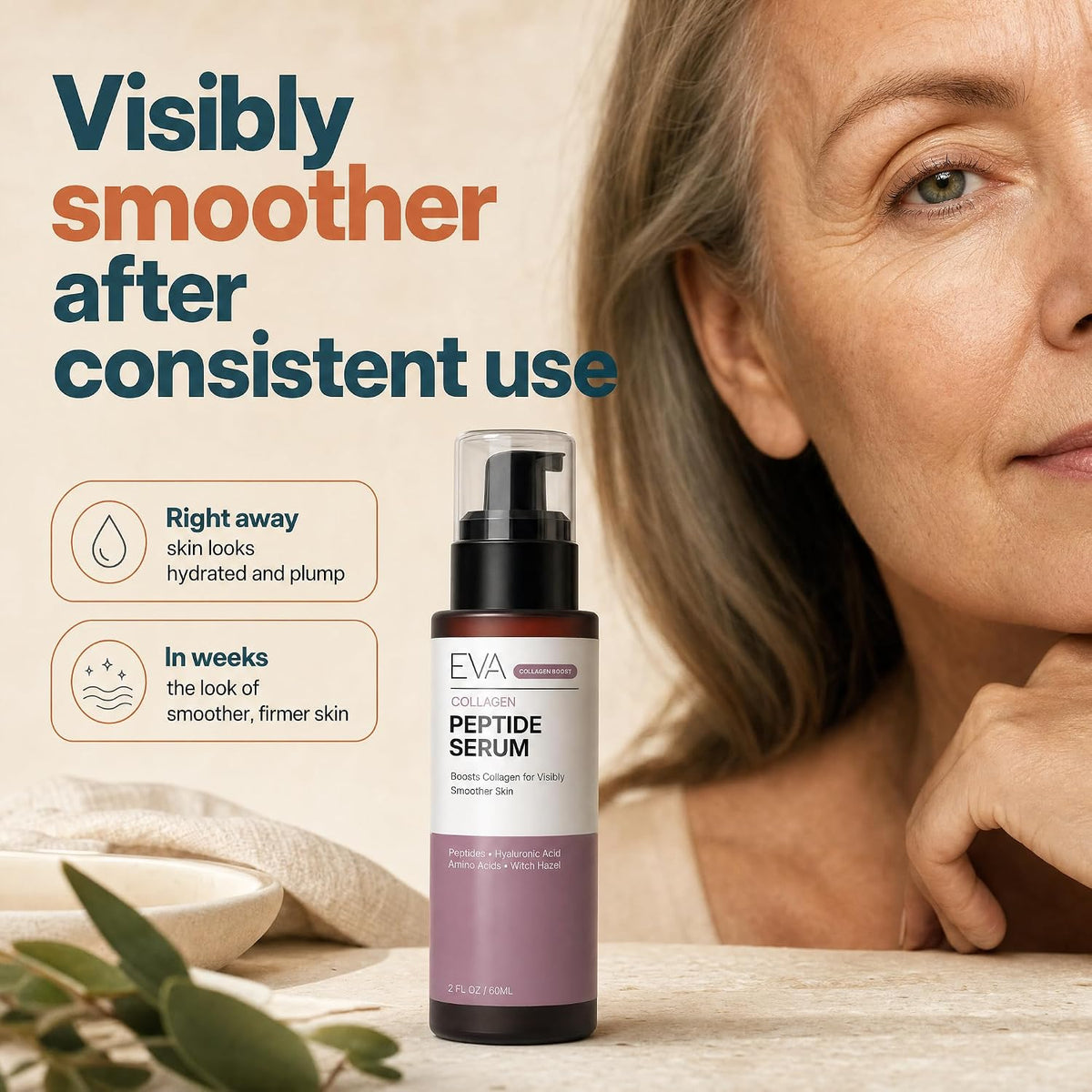 Eva Naturals Suero facial multipéptido, firme, ácido hialurónico, 2...