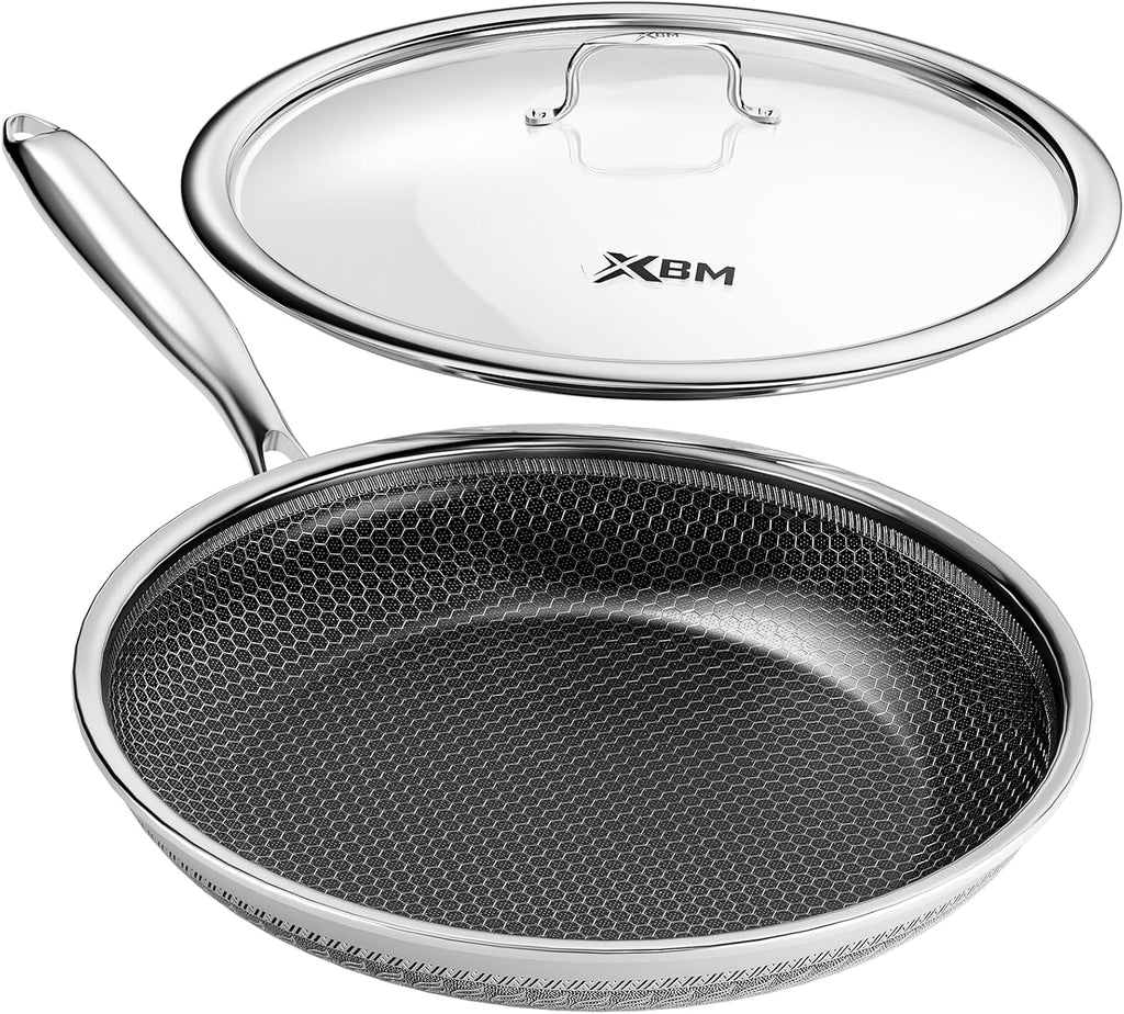 XBM Sartén antiadherente de 12 pulgadas con tapa, sartén de acero i...