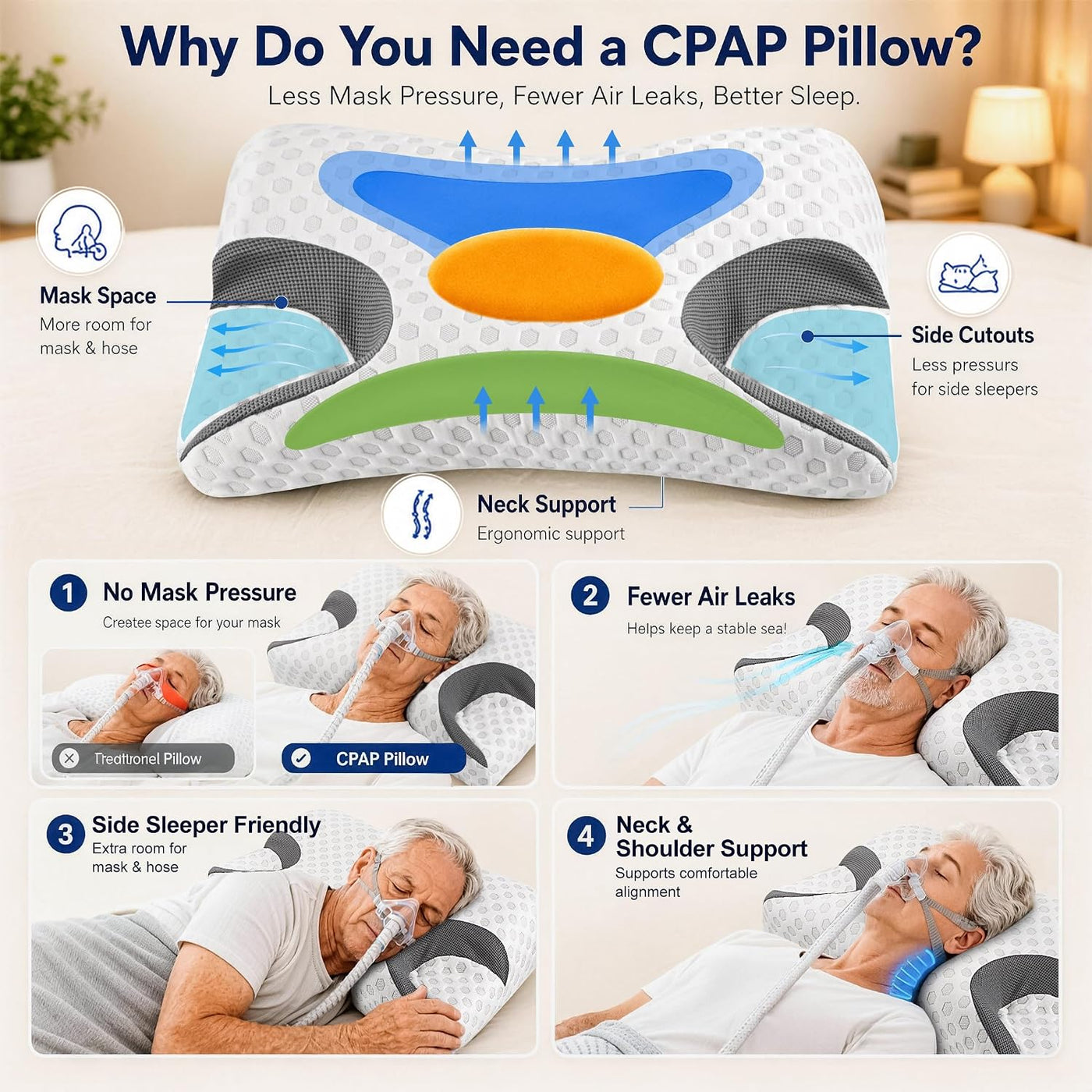 Almohada CPAP HSA\/FSA para personas que duermen de lado, se adapta...