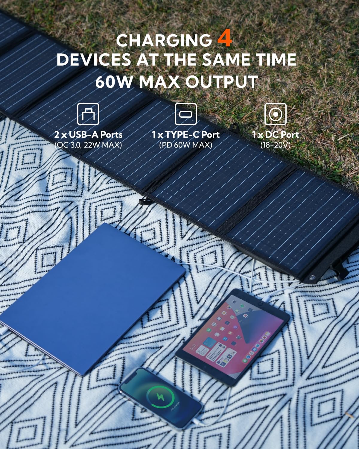Panel solar portátil, LUMOPAL 60W plegable paneles solares cargador...