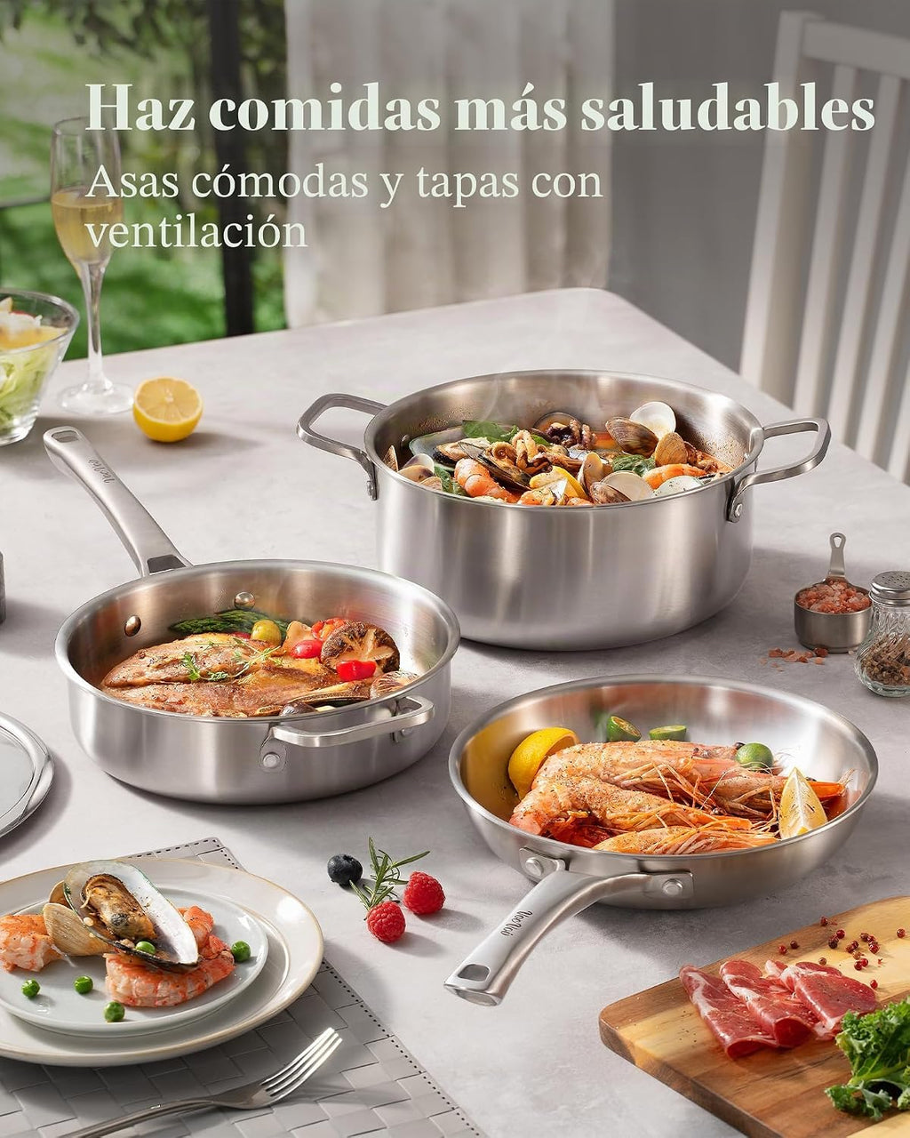 Sartenes de acero inoxidable, juego de utensilios de cocina de acer...