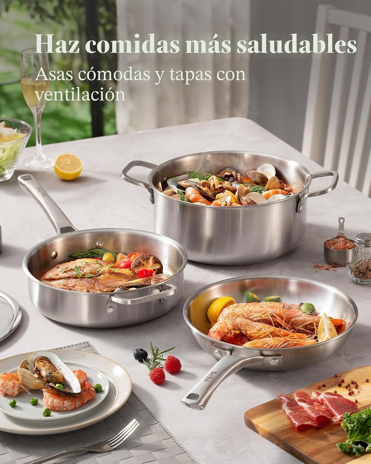 Sartenes de acero inoxidable, juego de utensilios de cocina de acer...