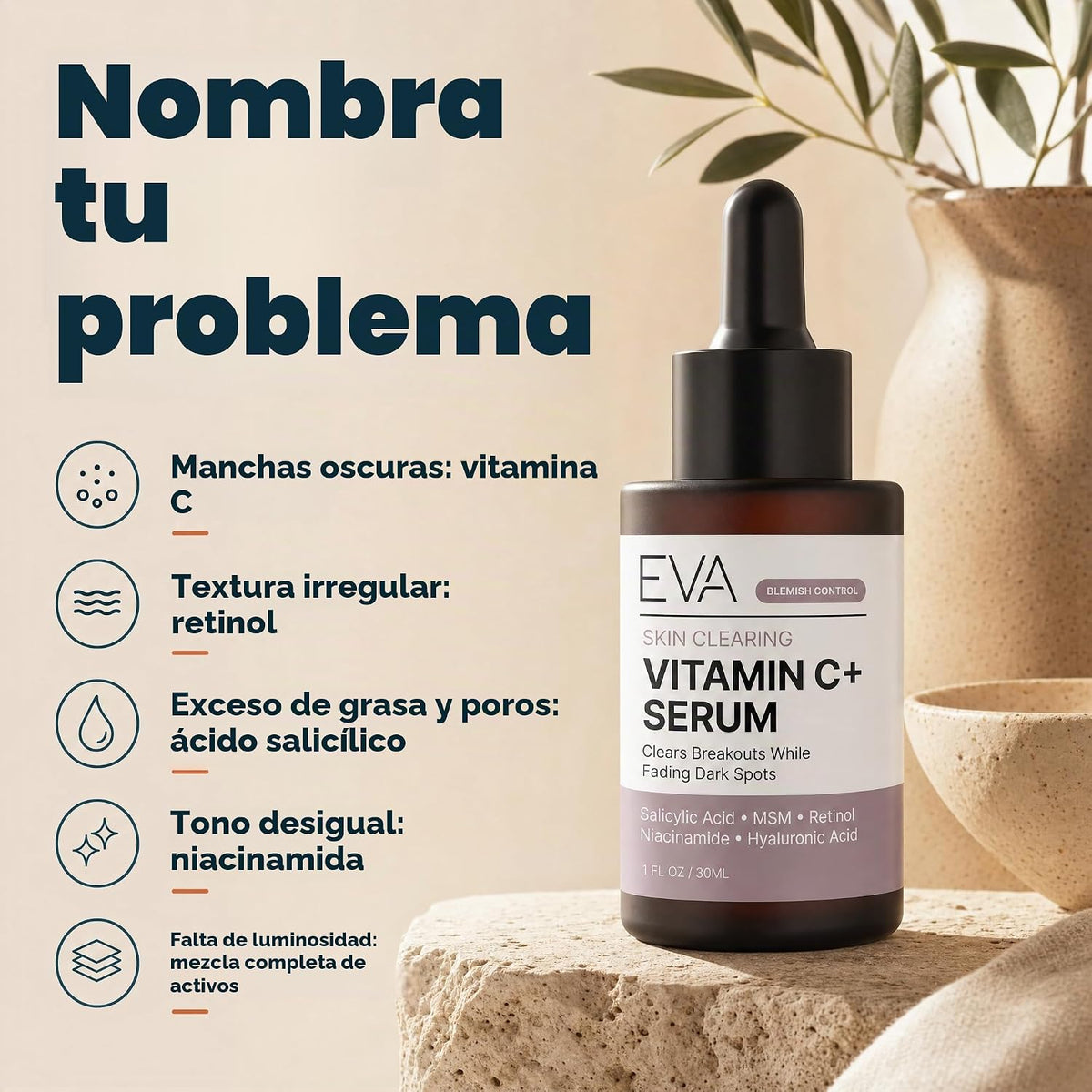 Eva Naturals Suero limpiador de piel con vitamina C, retinol y sali...