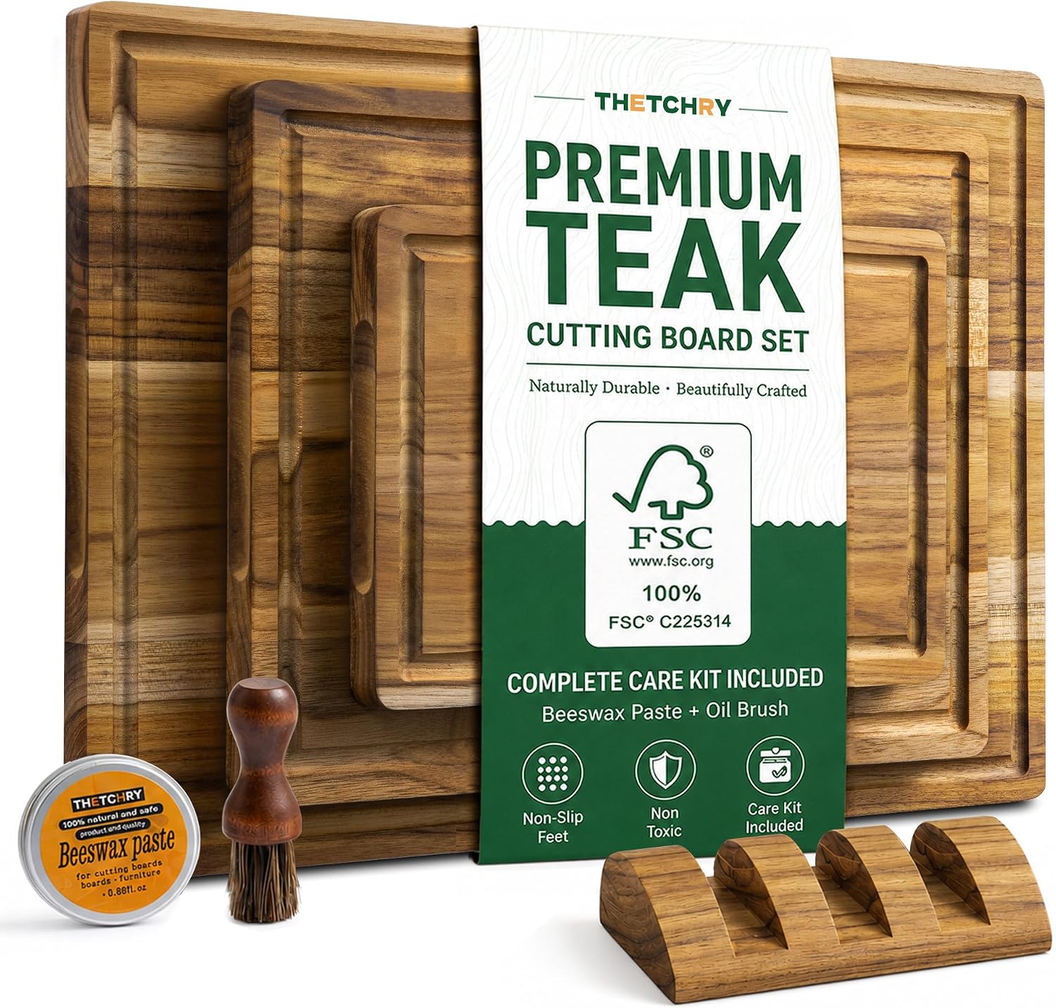 THETCHRY Juego de 3 tablas de cortar de madera de teca para cocina...