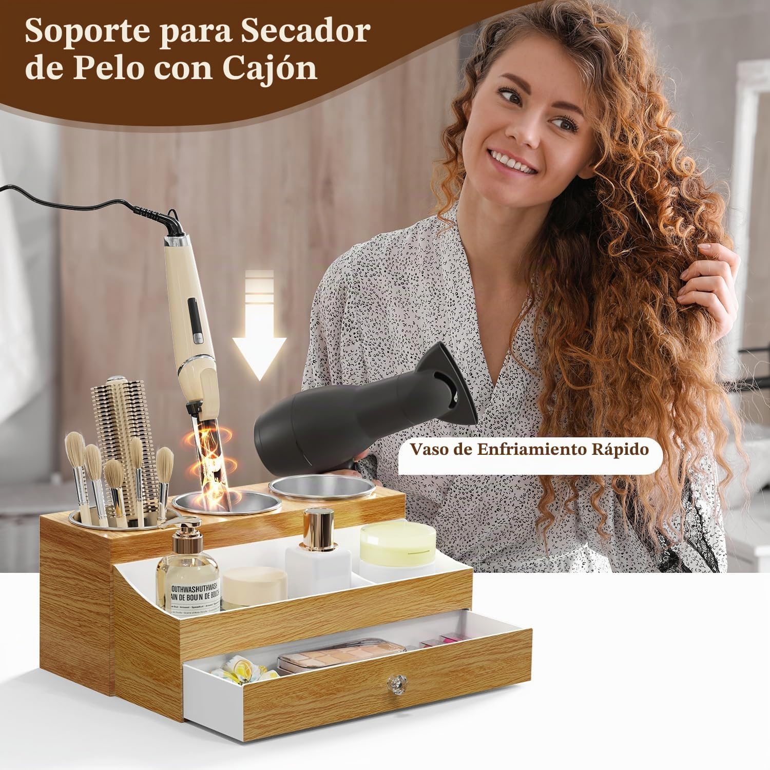 GFWARE Soporte acrílico para secador de cabello con cajón, organiza...