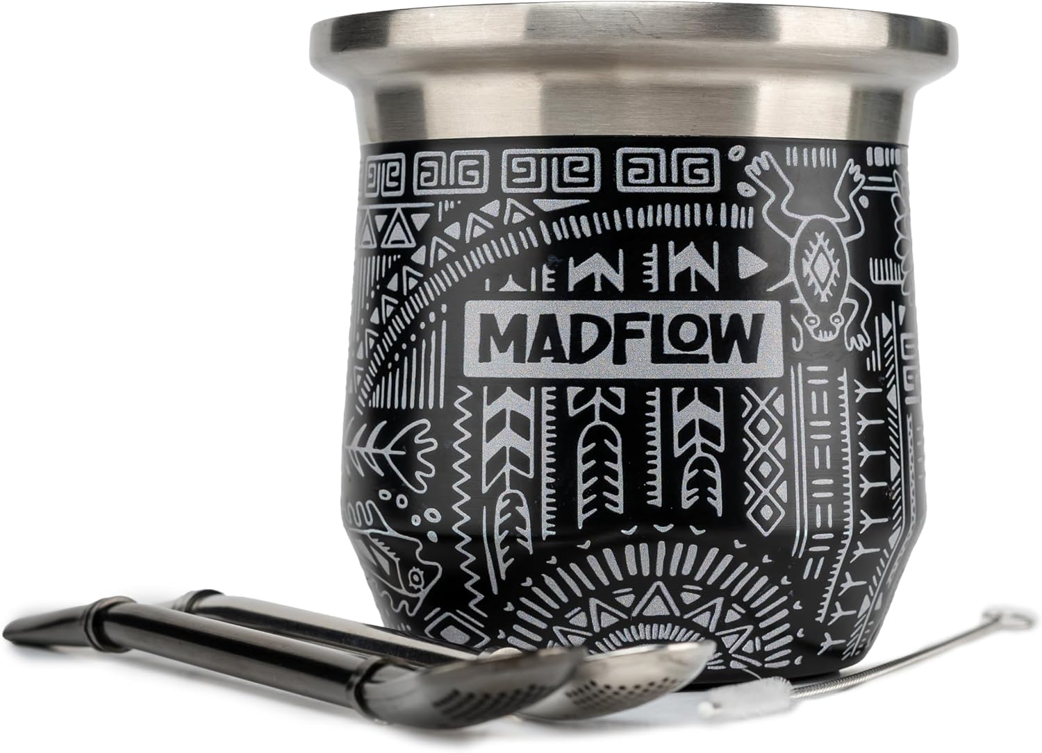 MADFLOW Taza de Yerba Mate. Taza mate de acero inoxidable con 2 bombillas. Calabaza de yerba mate aislada al vacío de doble pared. Juego único de calabaza y bombilla
