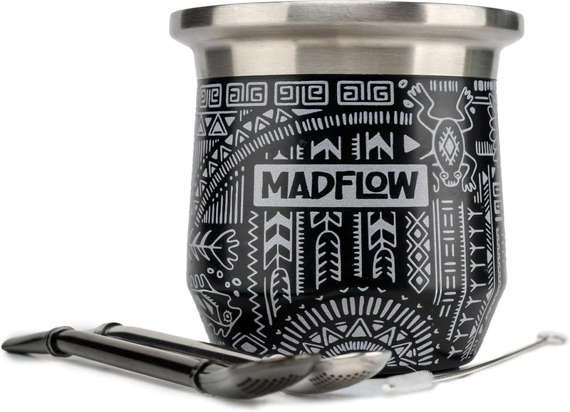 MADFLOW Taza de Yerba Mate. Taza mate de acero inoxidable con 2 bombillas. Calabaza de yerba mate aislada al vacío de doble pared. Juego único de calabaza y bombilla