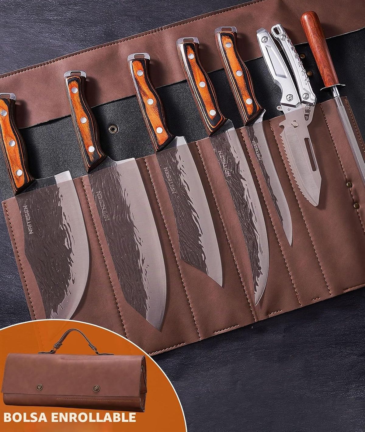 Naitesen 7 piezas de cuchillo de carnicero forjado a mano y cuchill...