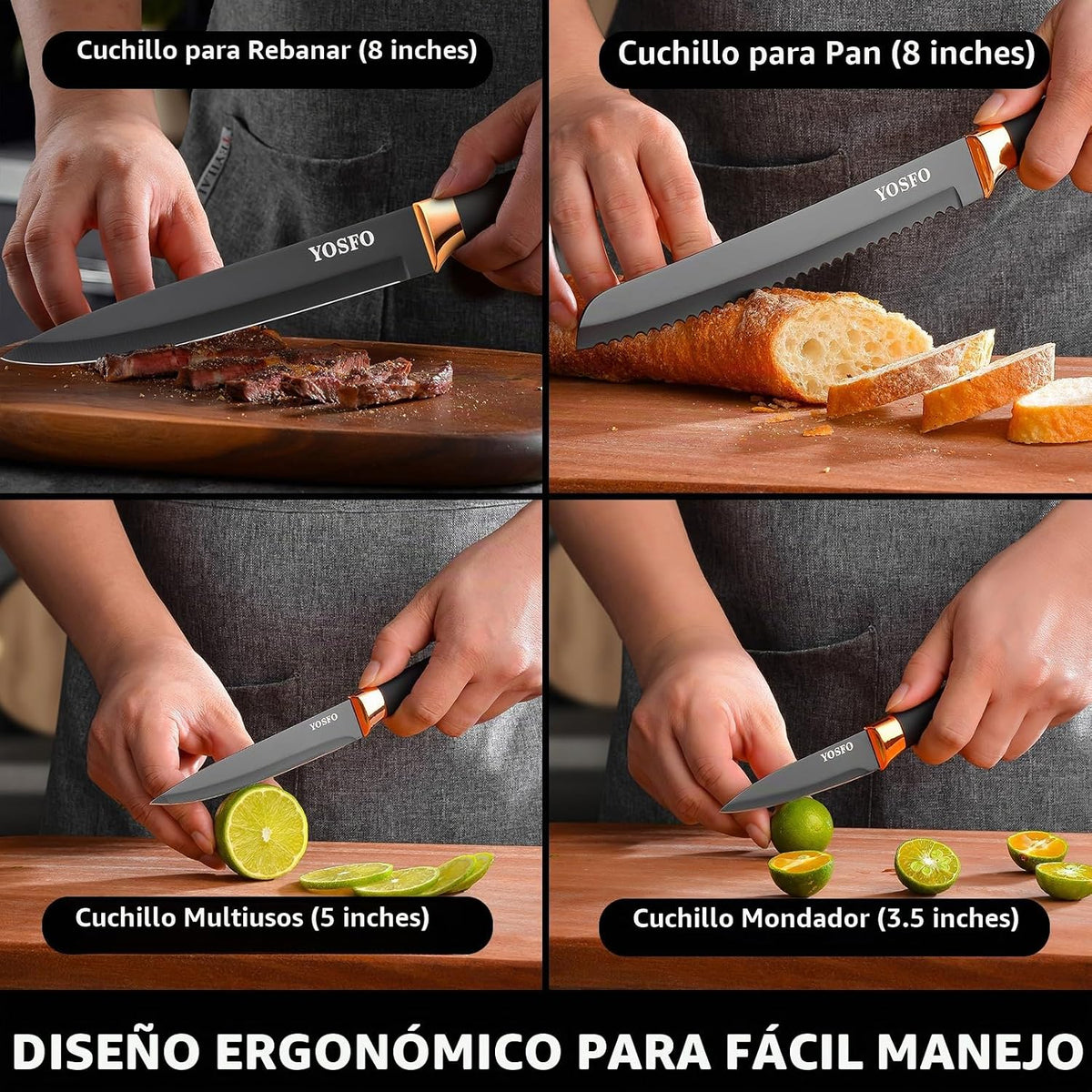 YOSFO - Juego de cuchillos de cocina, 15 piezas con bloque y afilad...