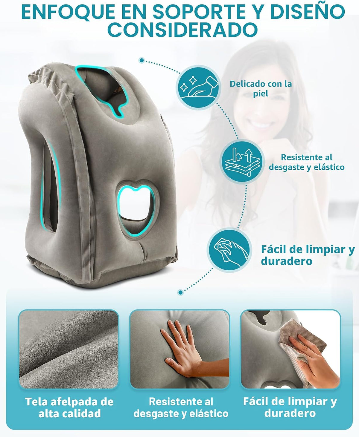 JefDiee Almohada inflable de viaje, almohada de cuello de avión que...