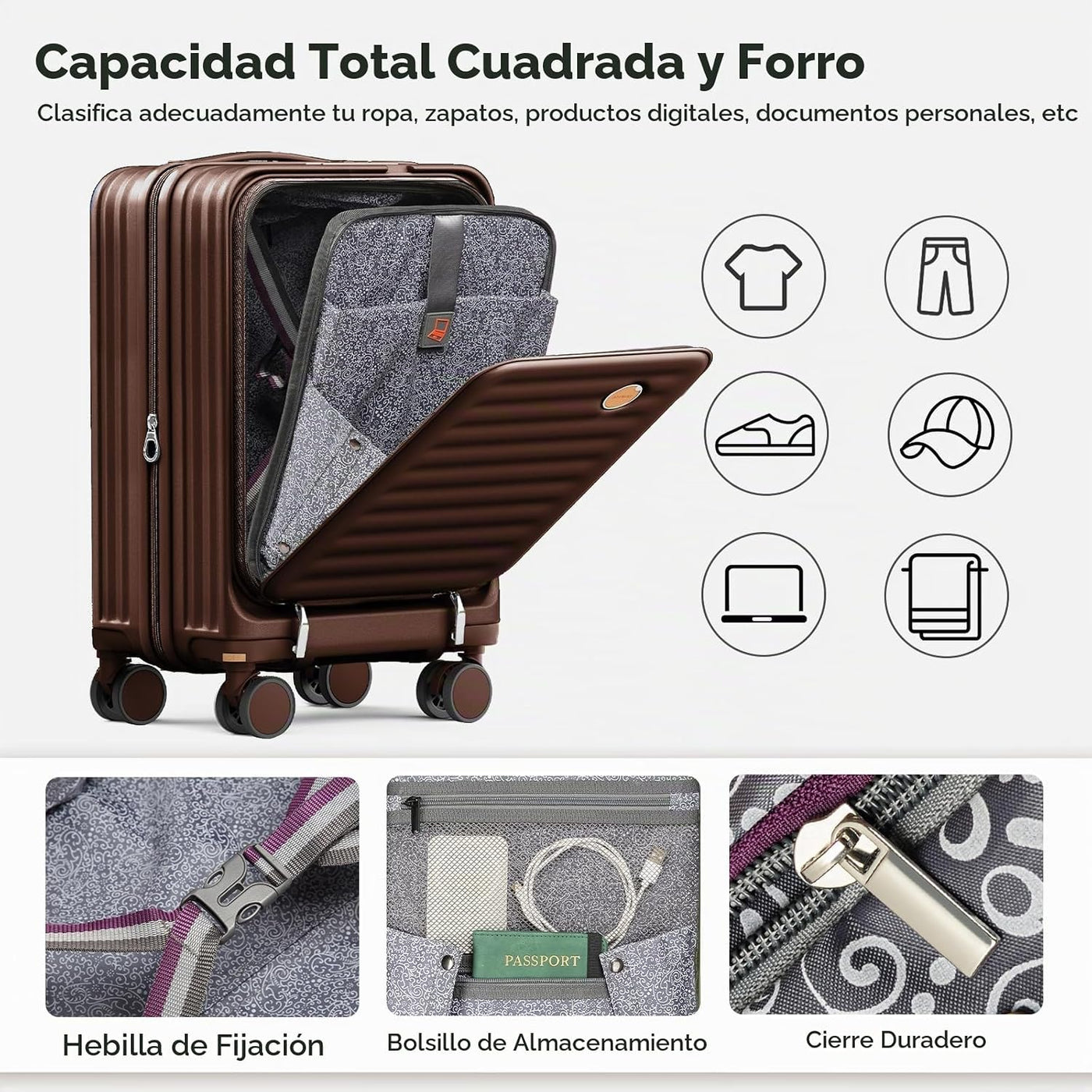 Joyway Juego de equipaje de 5 piezas con bolsillo delantero, Café,...