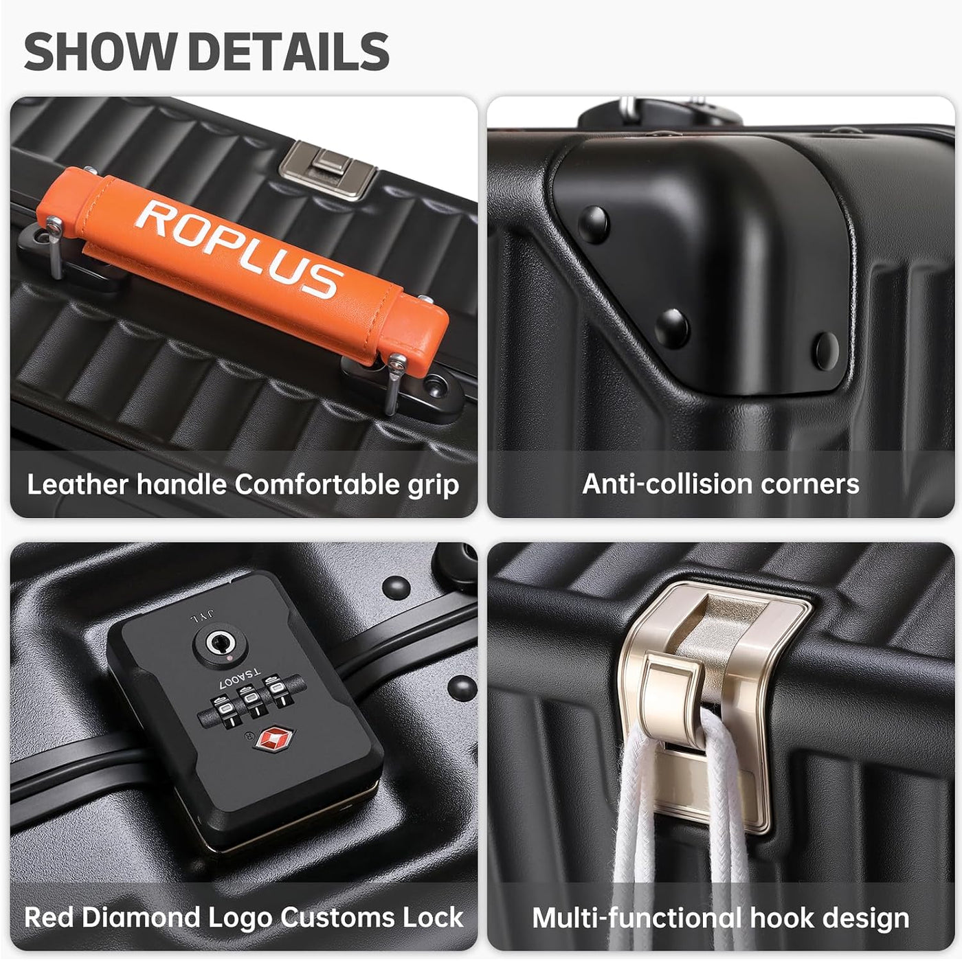 ROPLUS Equipaje rígido con marco de aluminio de policarbonato, negr...