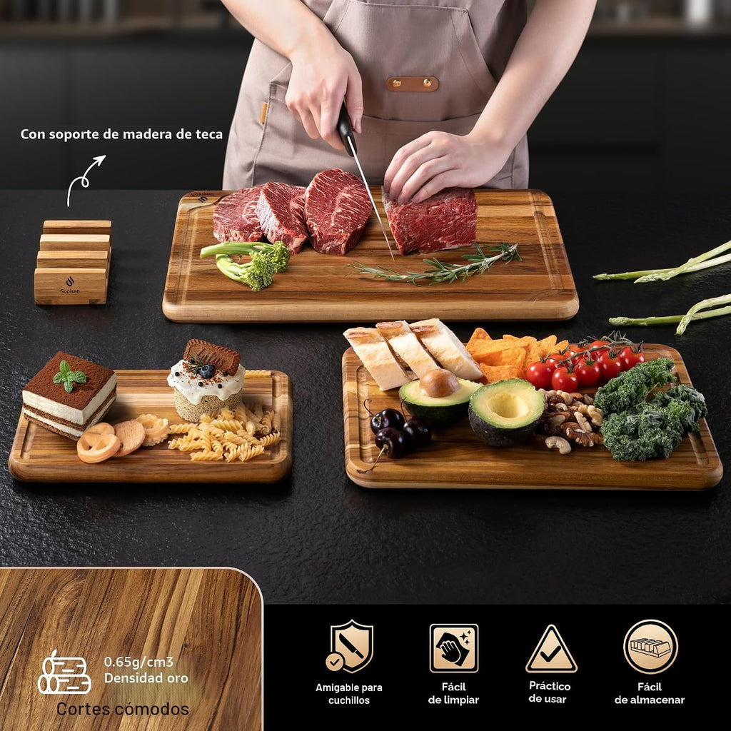 Juego de 3 tablas de cortar de madera de teca para cocina, tabla de...