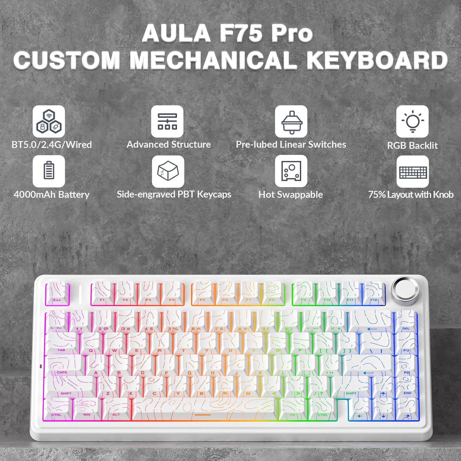 AULA F75 Pro Teclado mecánico inalámbrico con perilla, 75% teclados...
