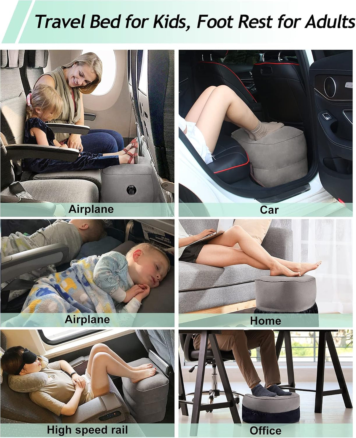 JefDiee Almohada inflable para reposapiés, cama de avión para niños...