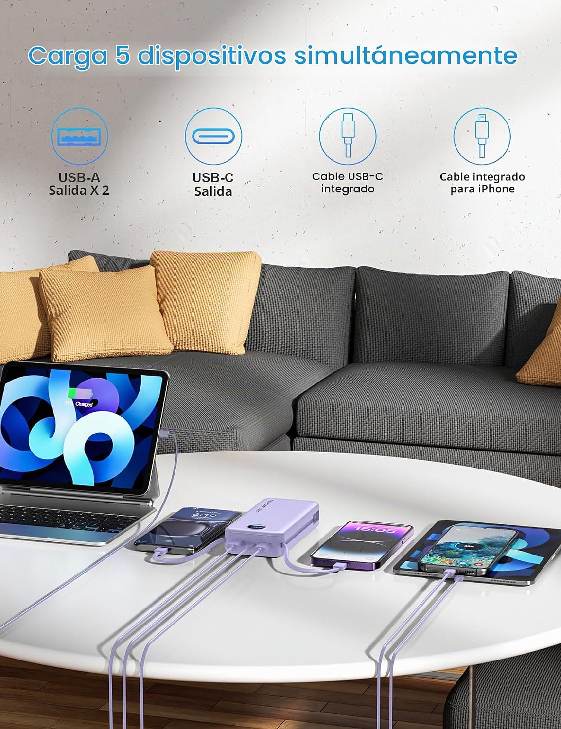 Cargador portátil Ffnpua 20000mAh PD20W con cables incorporados | C...
