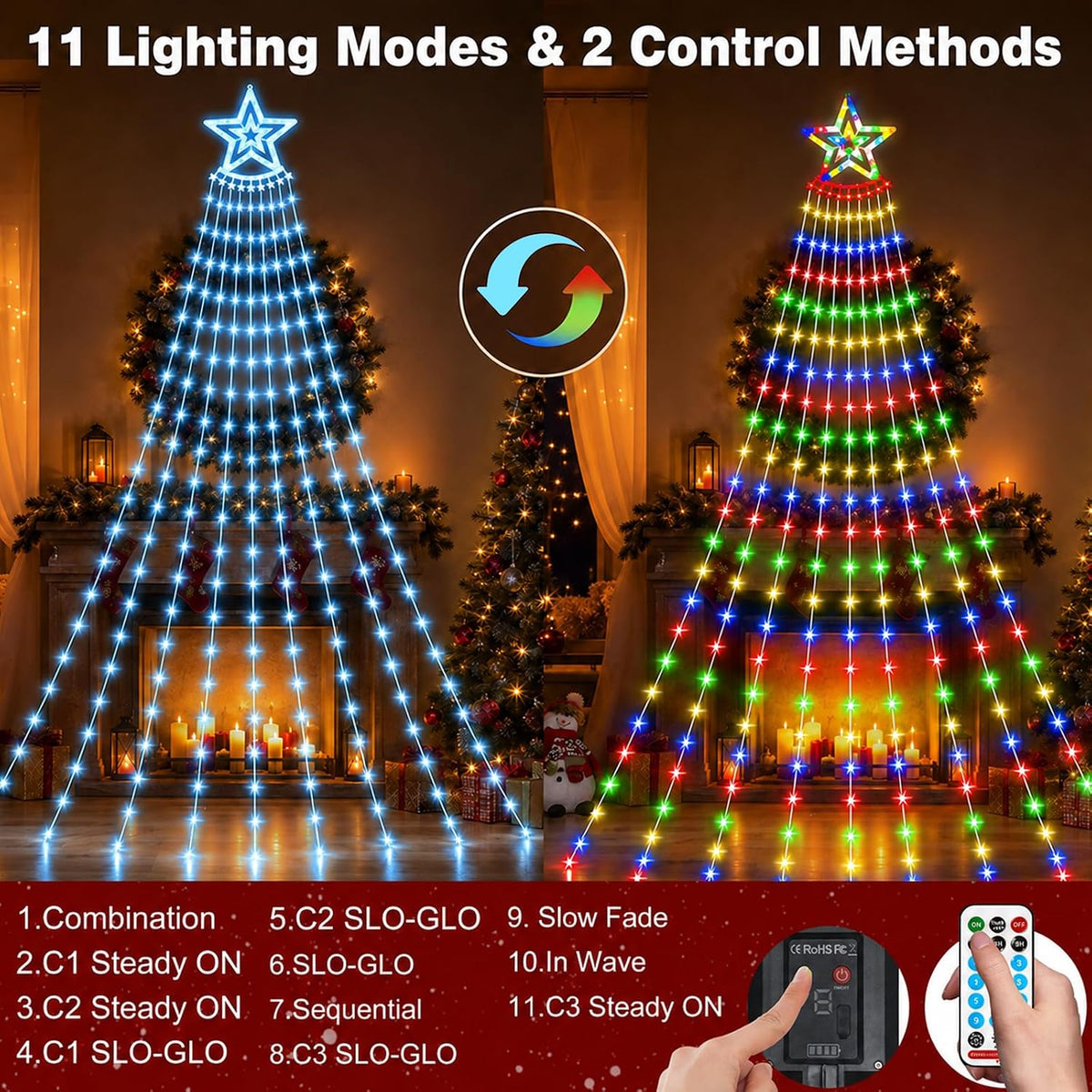 Guirnalda de luces solares de Navidad para exteriores, azul hielo y...