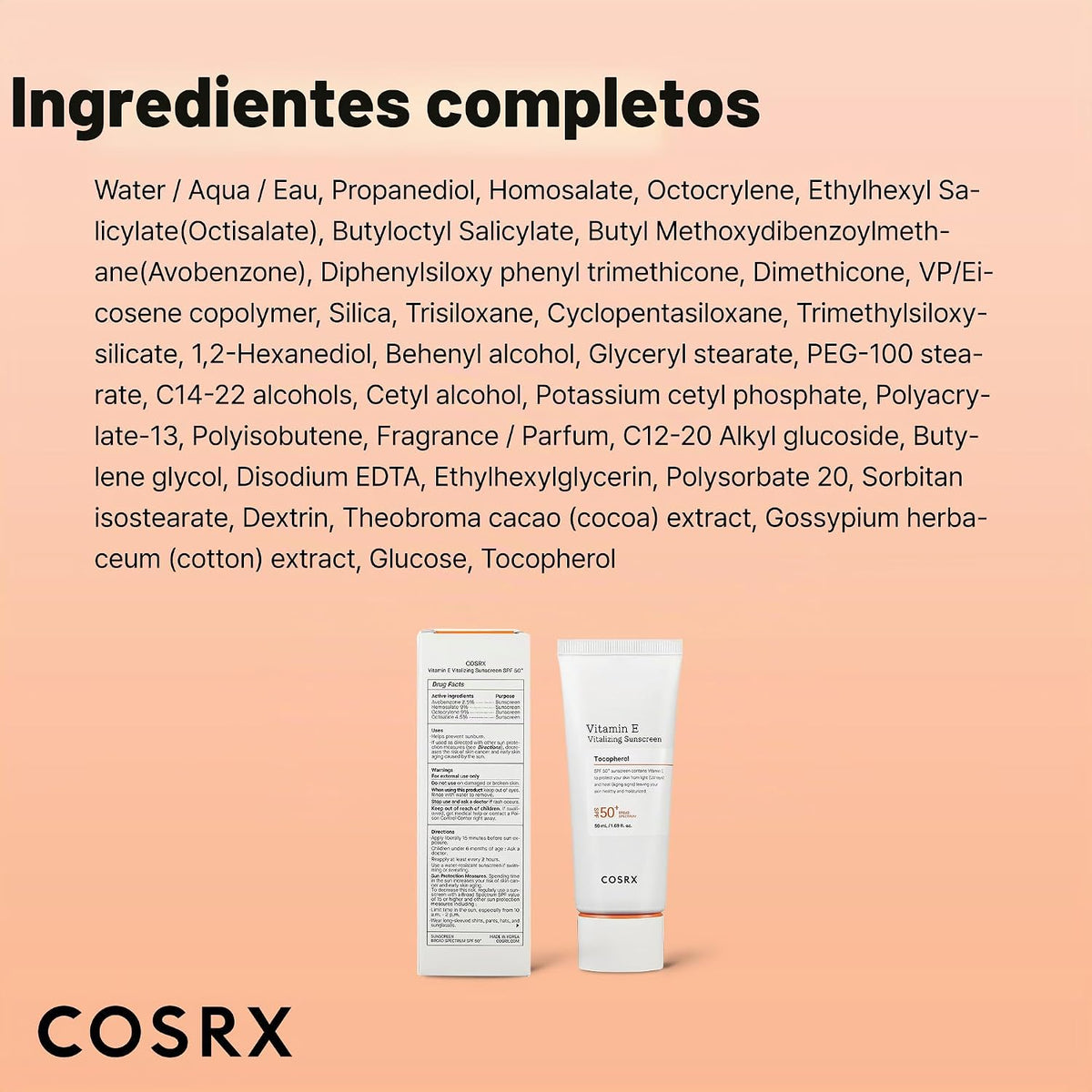 COSRX Vitamina E Protector solar SPF 50, brillo natural, para piel...