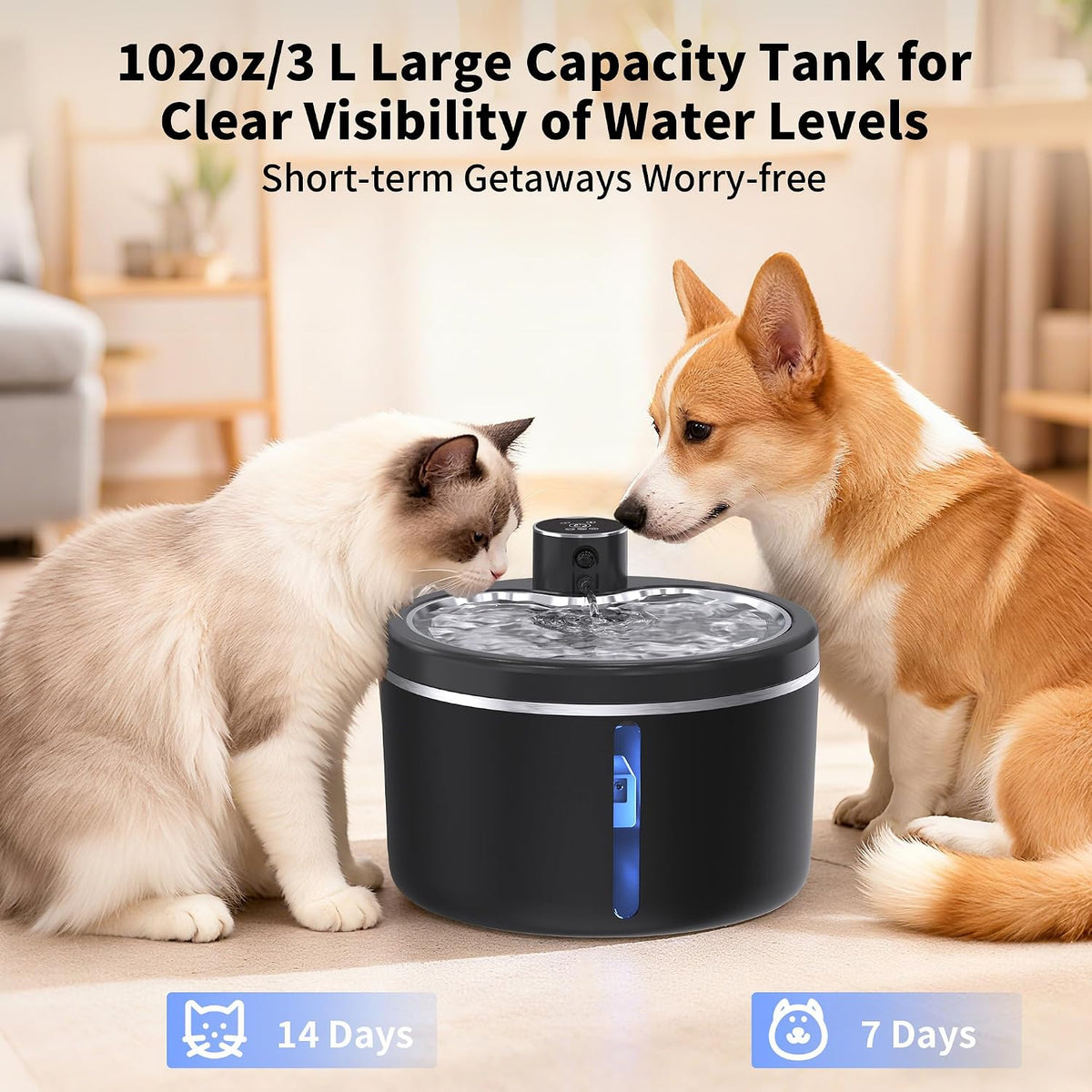 Fuente de agua para gatos sin cable, fuentes para mascotas de 108 o...