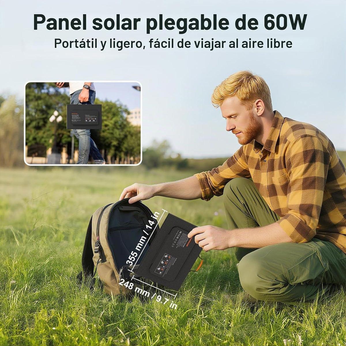 Cargador de paneles solares portátil de 60 W con salidas USB-C, USB...