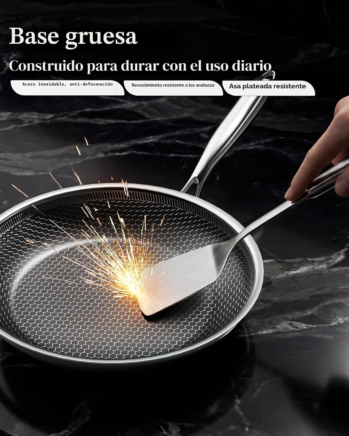 XBM Honeycomb - Sartén antiadherente de acero inoxidable con tapa d...