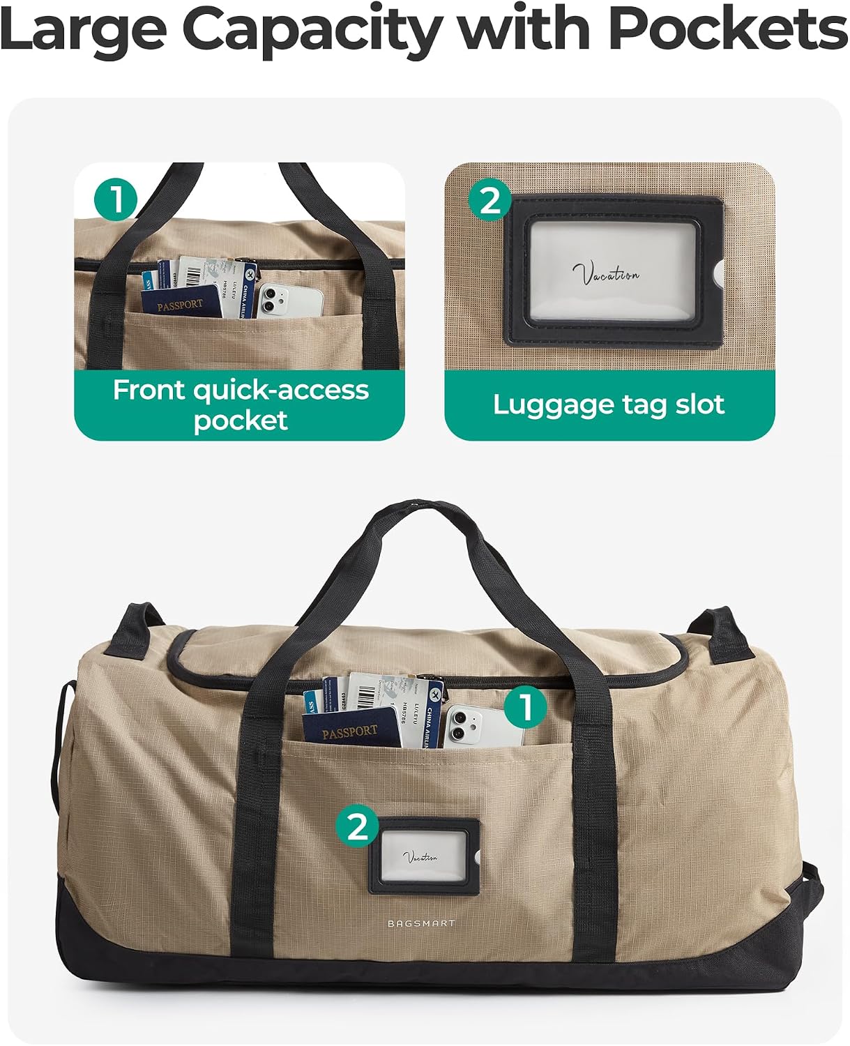 BAGSMART Bolsa de viaje plegable 83L, bolsa de lona grande para via...