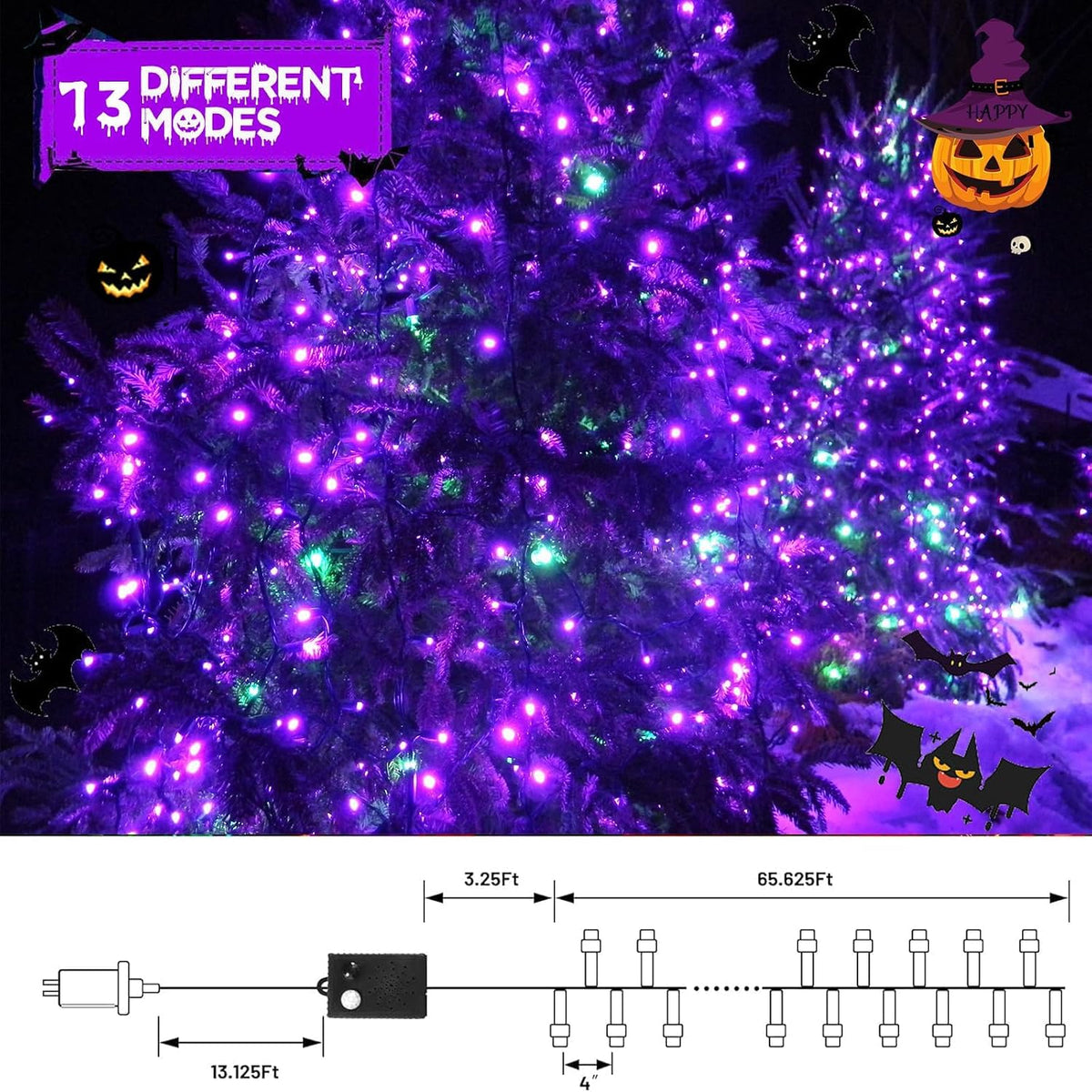 Luces de Halloween moradas y verdes, 95 pies, 240 LED, 13 modos de...