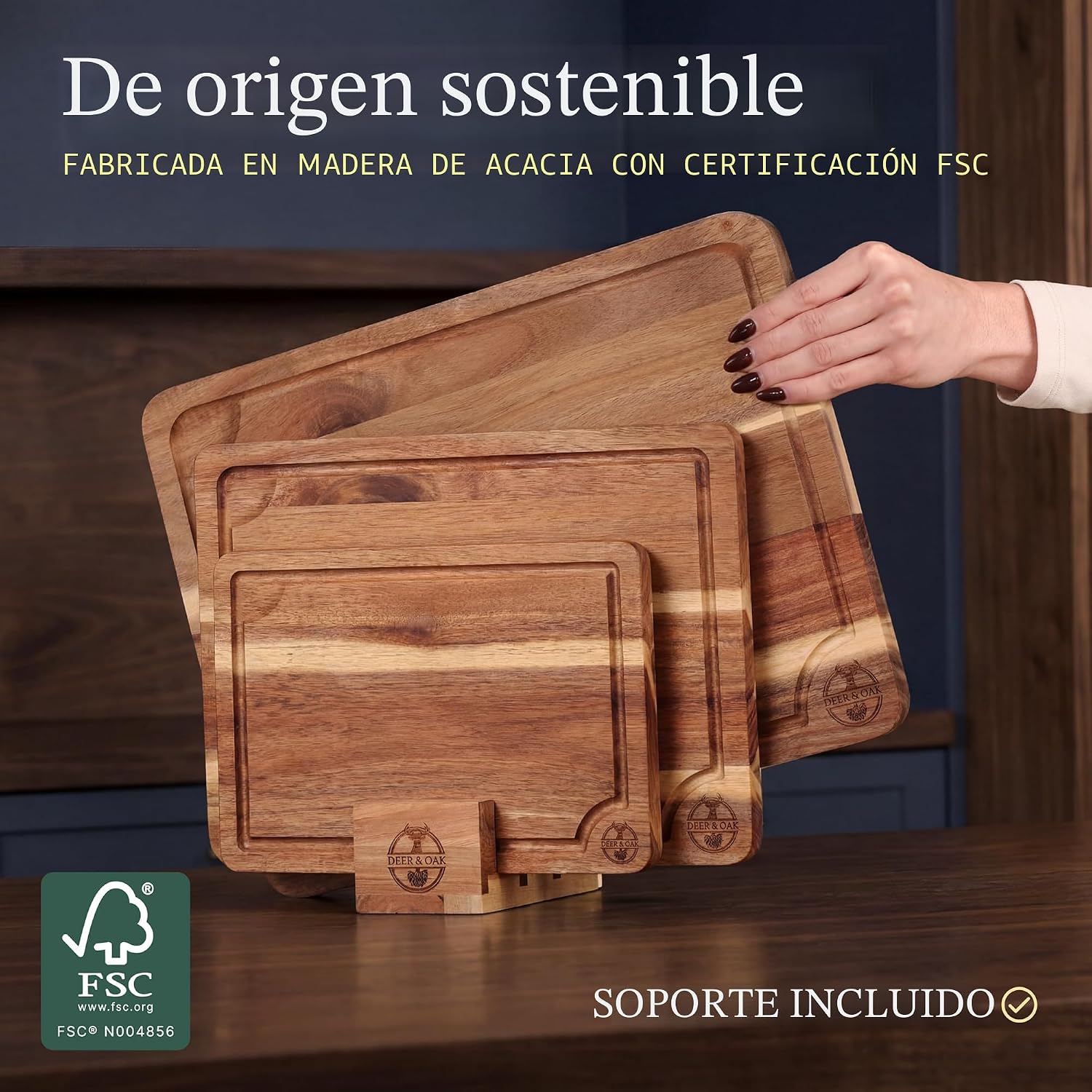 Deer &amp; Oak Juego de tablas de cortar de acacia de 3 piezas no t...