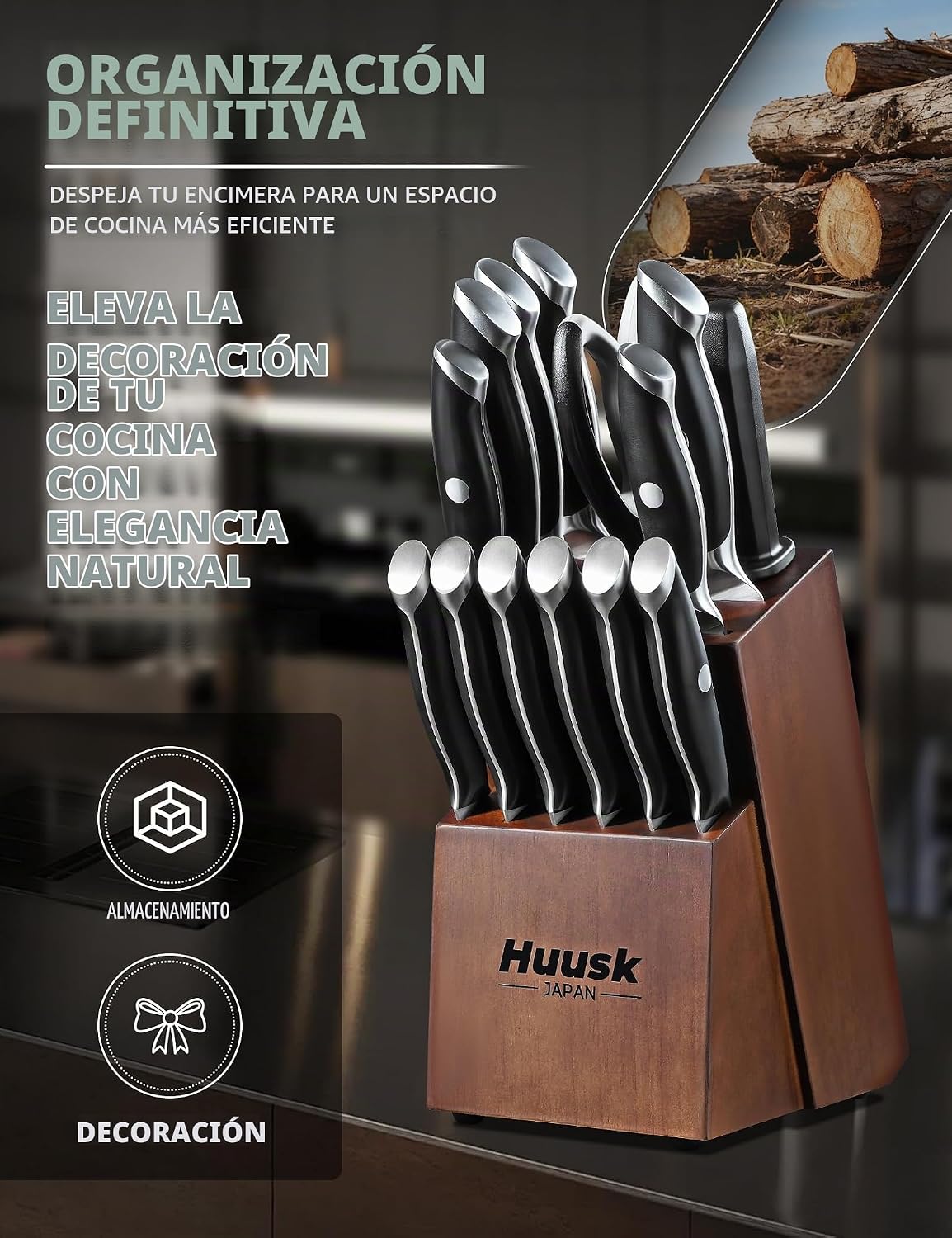 Huusk Juego de 14 cuchillos de cocina japoneses de espiga completa...