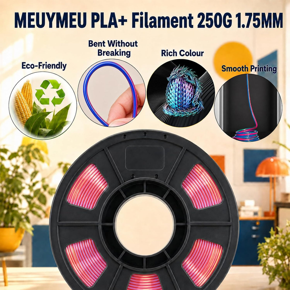Meuymeu Paquete de filamentos para impresora 3D PLA+ de seda tricol...