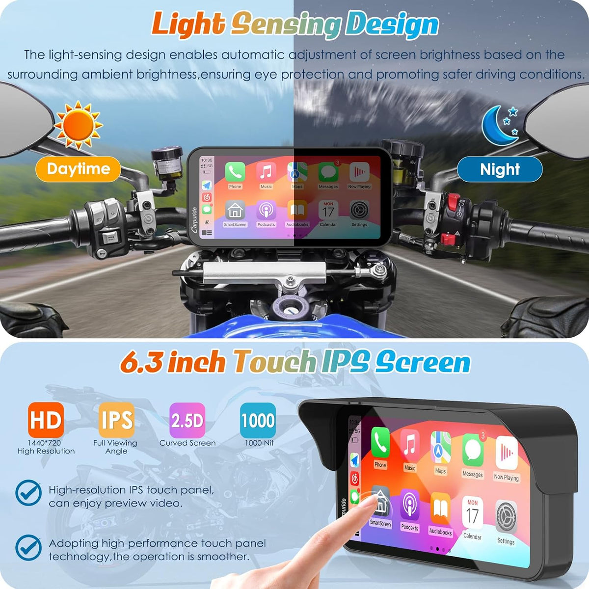 Carpuride W603 6.3" motocicleta inalámbrica CarPlay y Android A...