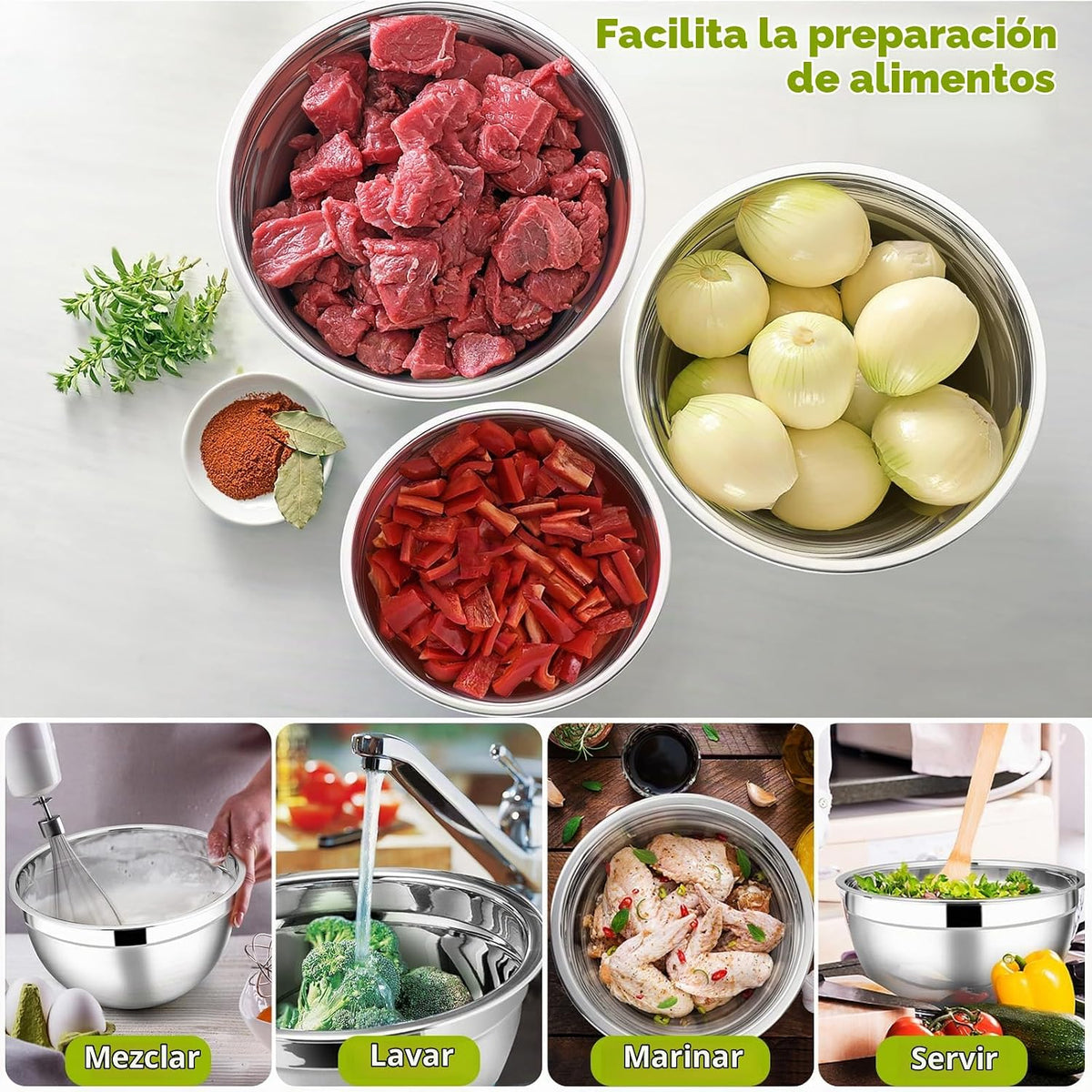 E-far Juego de 5 tazones para mezclar con tapas, cuencos de acero i...
