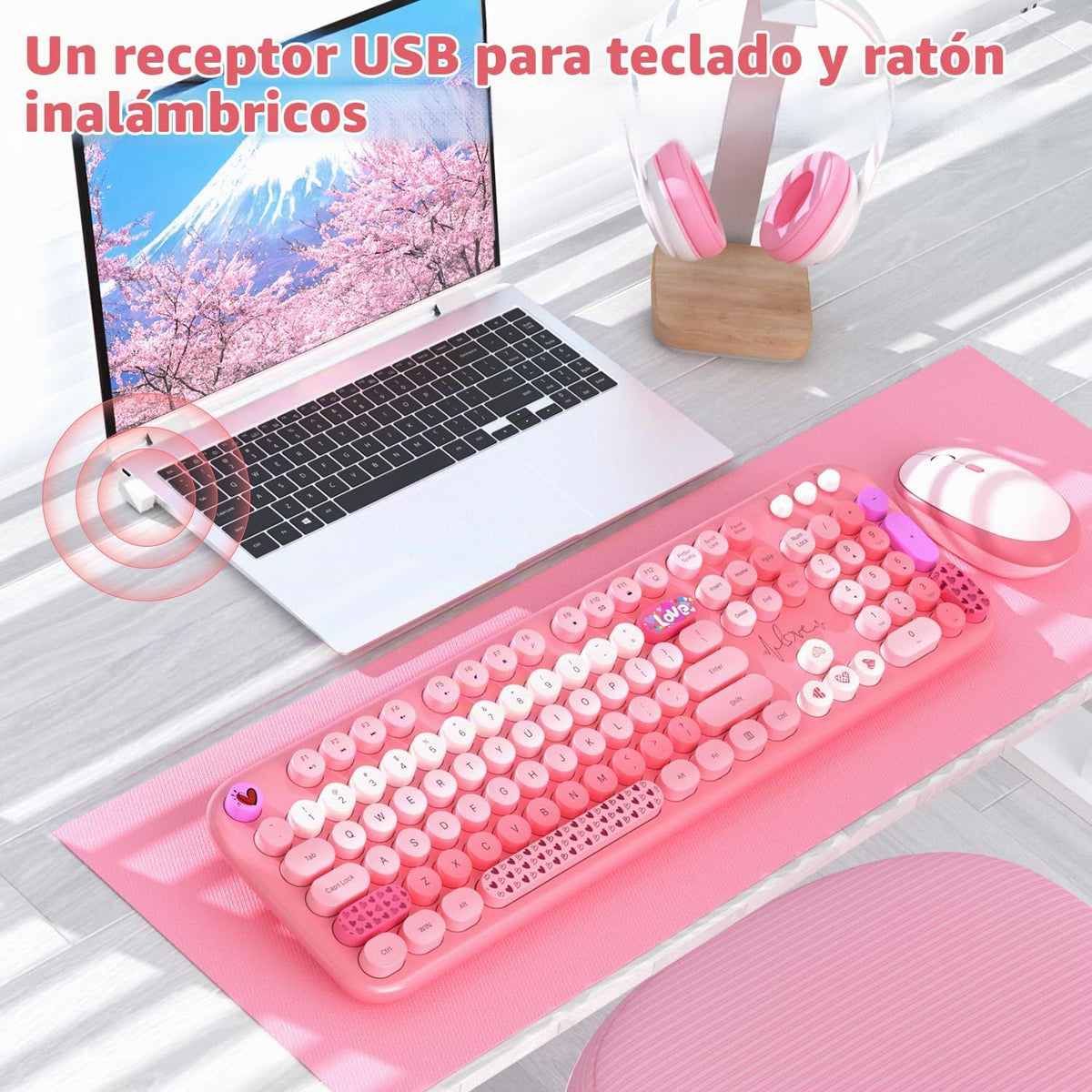 Teclado y mouse inalámbricos, MOFII con 104 teclas redondas, teclad...