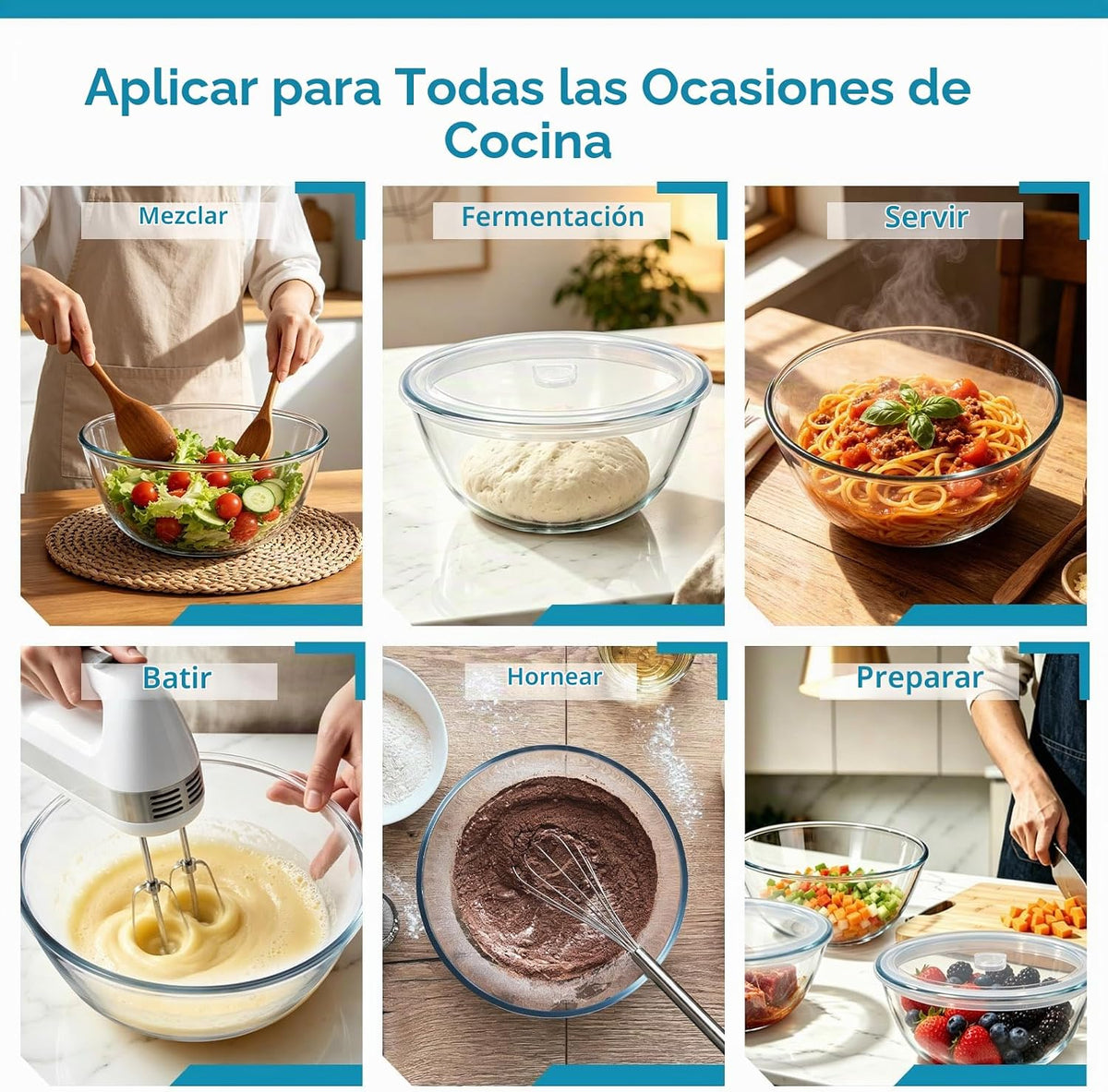 E-far Tazón para mezclar de vidrio con tapa hermética, cuenco grand...