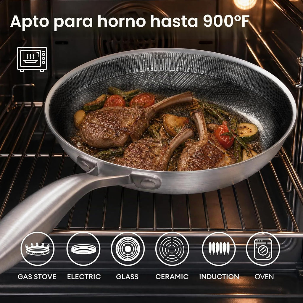 COOKING KING - Sartén de acero inoxidable de 12 pulgadas, sartén hí...