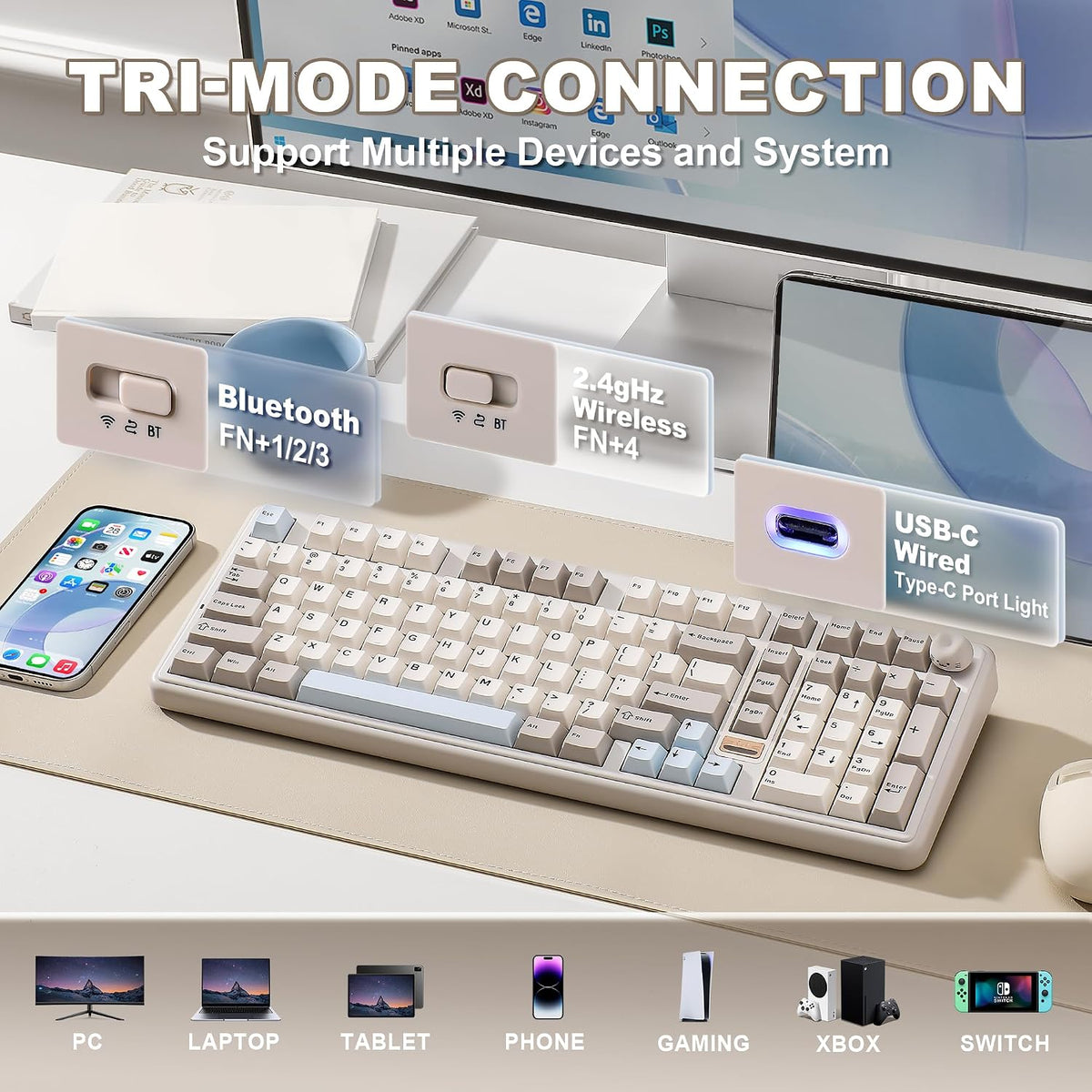 YUNZII Teclado mecánico inalámbrico B98 PRO 96% (beige, interruptor...