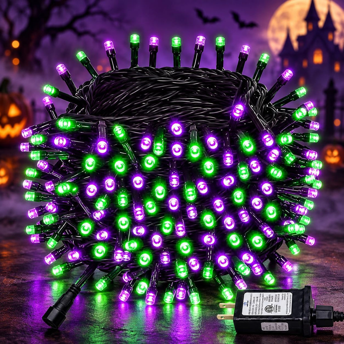 Luces de Halloween moradas y verdes, 95 pies, 240 LED, 13 modos de...
