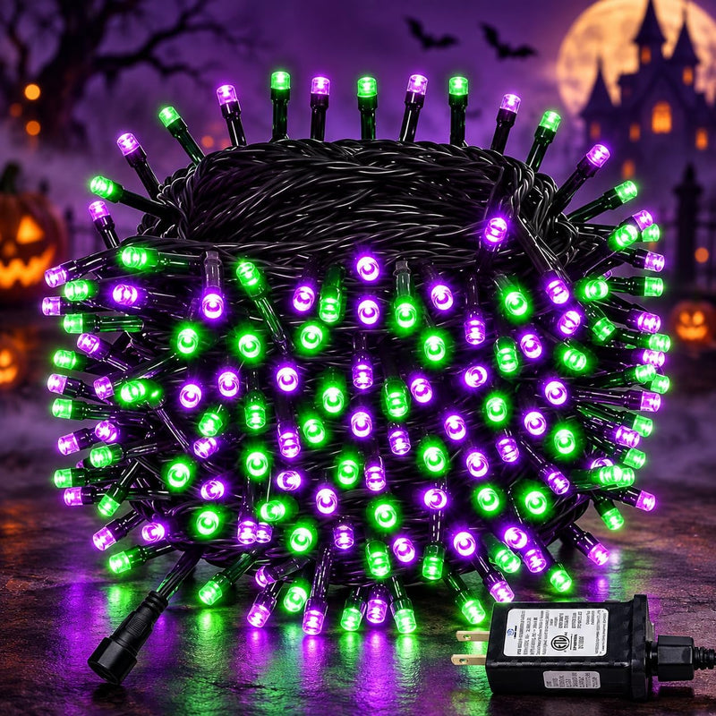 Luces de Halloween moradas y verdes, 95 pies, 240 LED, 13 modos de...