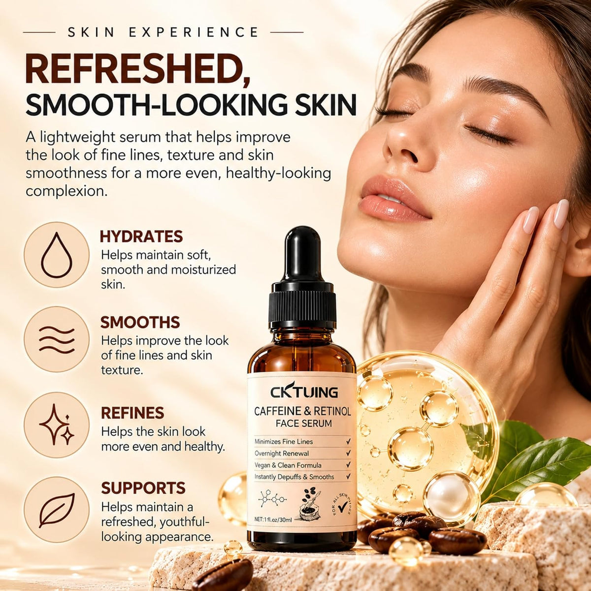 Suero facial de cafeína y retinol con ácido hialurónico, niacinamid...