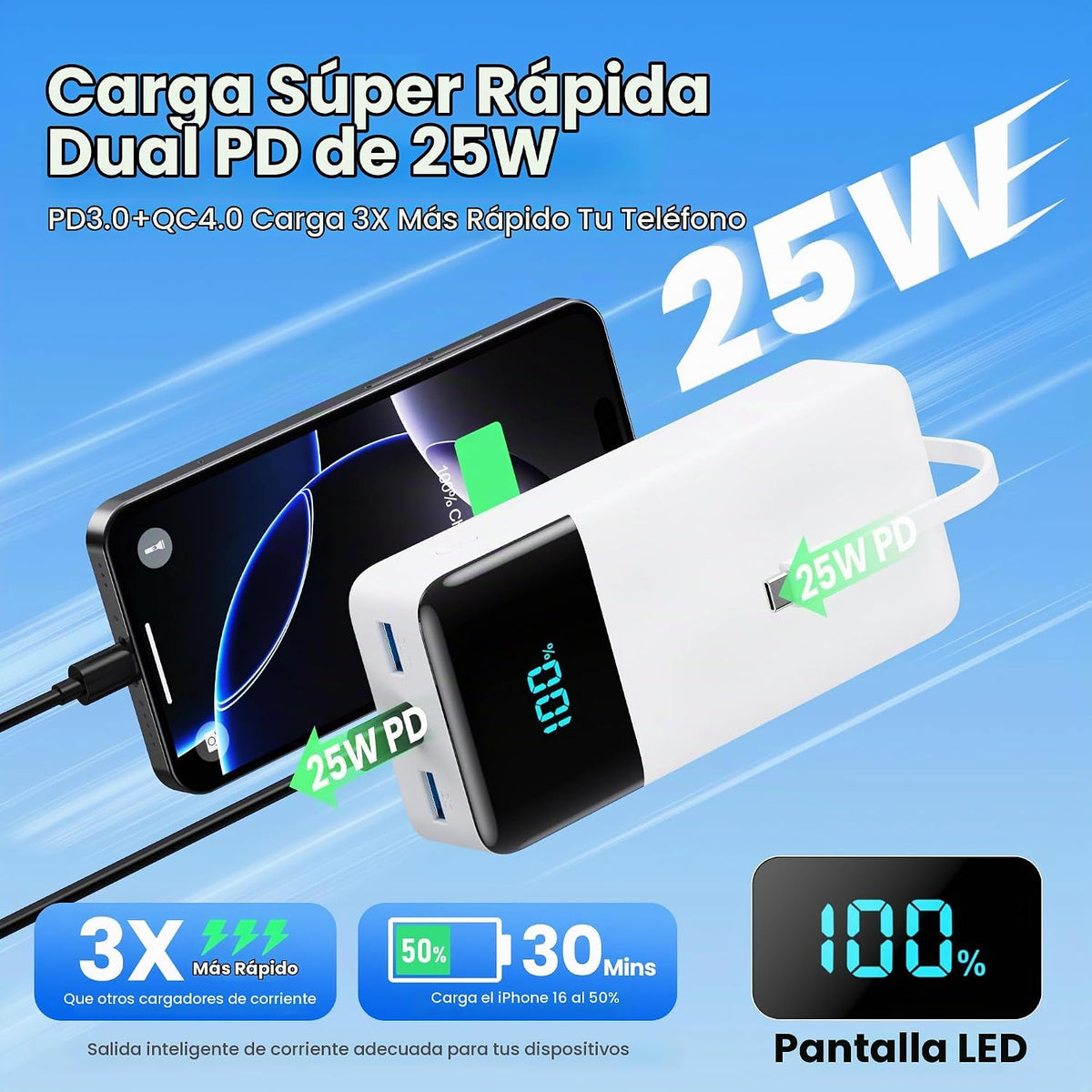 Cargador portátil de 50800 mAh con 3 cables integrados, 25 W PD QC4...