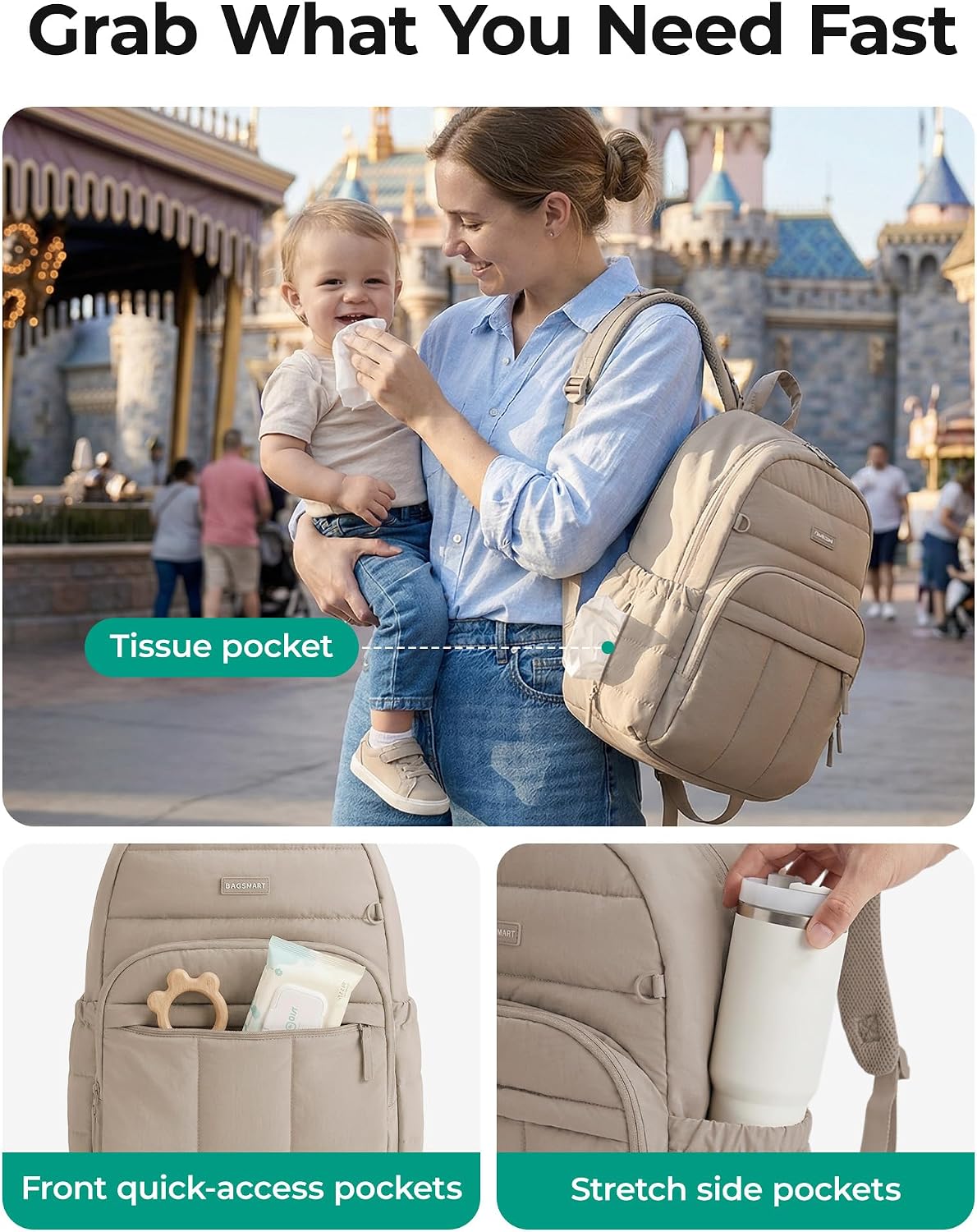 BAGSMART Mochila para pañales, bolsa de pañales hinchada con múltip...