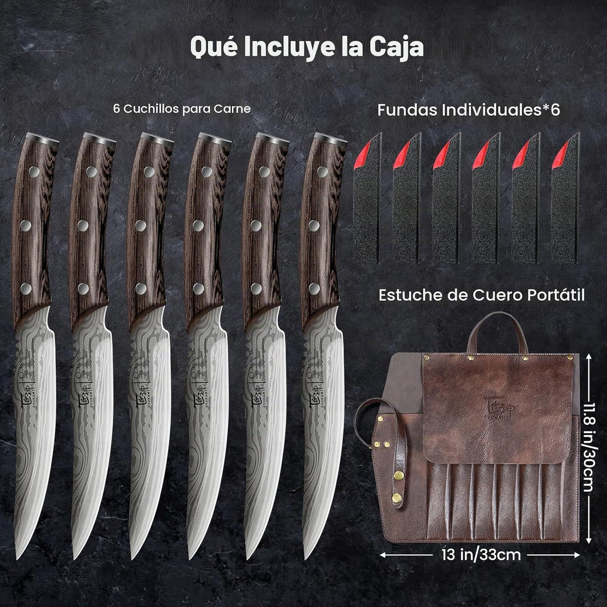 SYOKAMI Juego de 6 cuchillos para carne con rollo de cuero portátil...