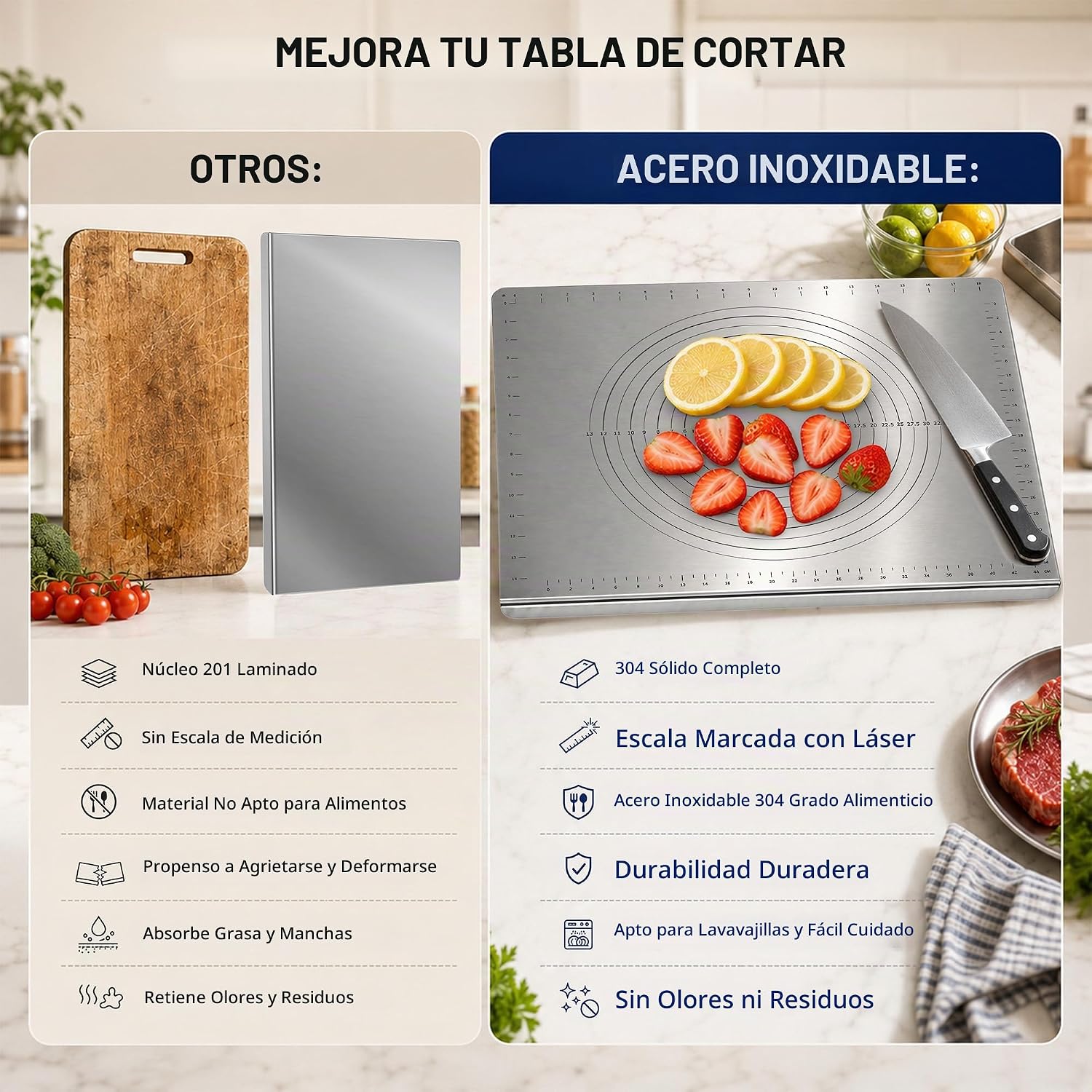Guplai Tabla de cortar de acero inoxidable 304 con borde para cocin...