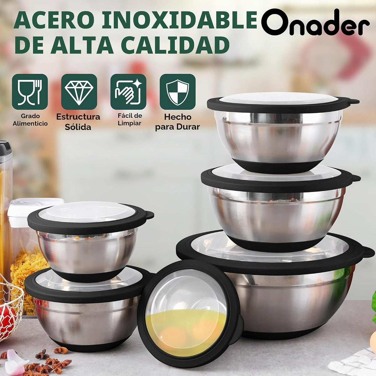 Onader Juego de 6 tazones para mezclar con tapas para cocina, tazon...