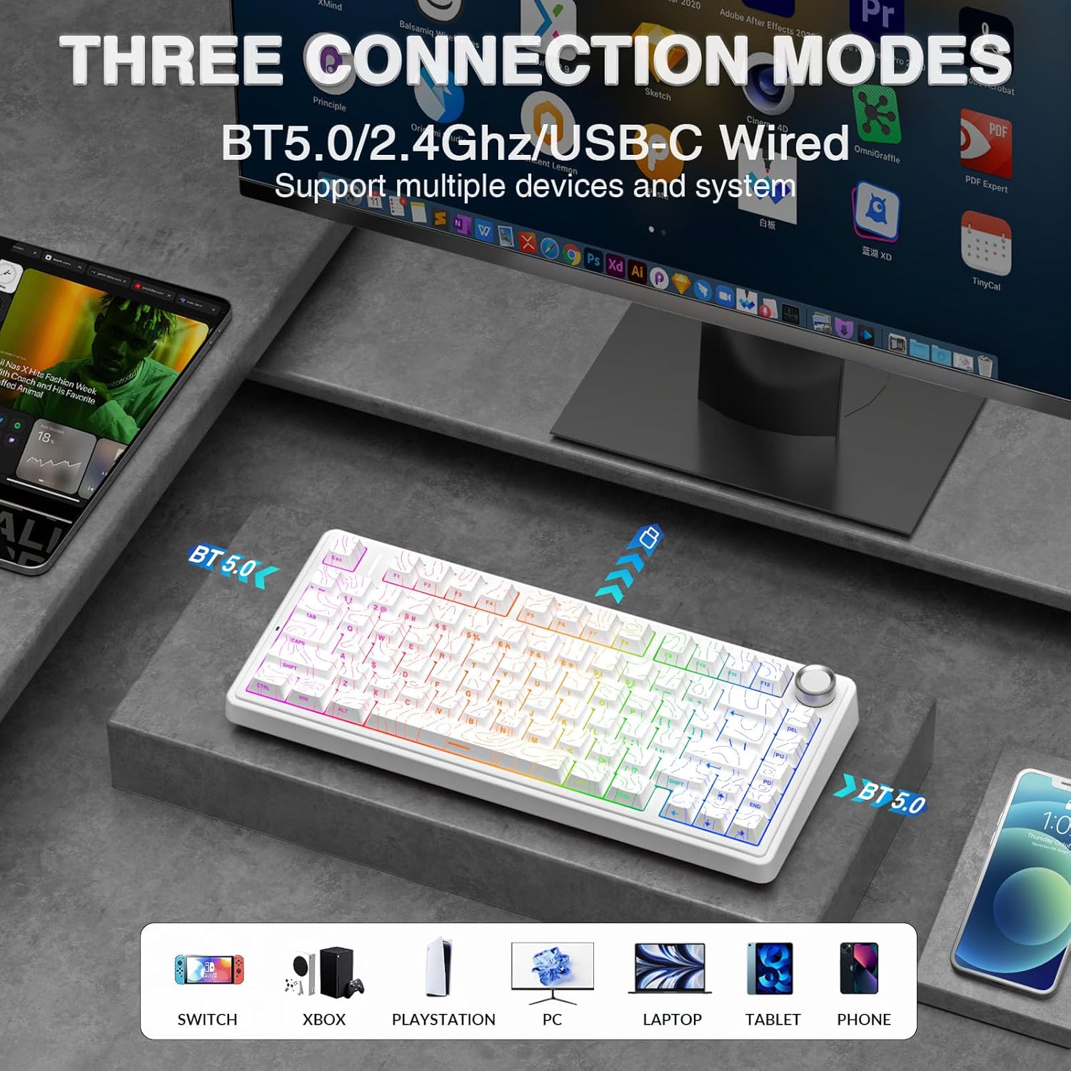 AULA F75 Pro Teclado mecánico inalámbrico con perilla, 75% teclados...