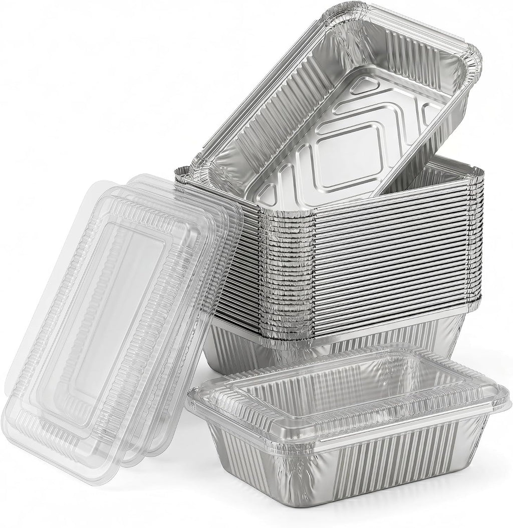 Julpvom Paquete de 50 bandejas de aluminio con tapas, recipientes d...