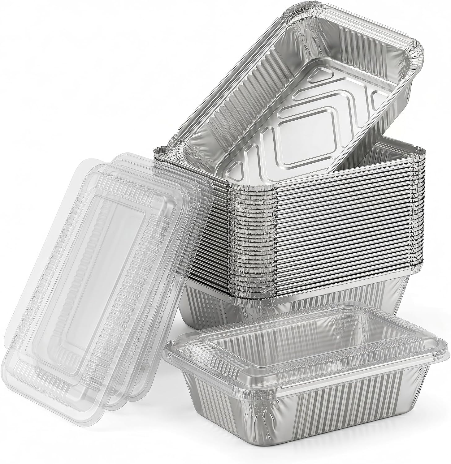 Julpvom Paquete de 50 bandejas de aluminio con tapas, recipientes d...