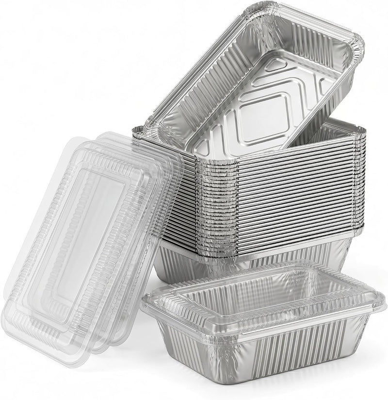 Julpvom Paquete de 50 bandejas de aluminio con tapas, recipientes d...