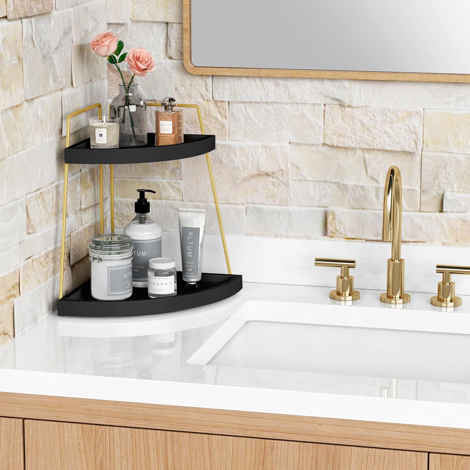 Forbena Organizador de Rincón para Encimera de Baño en Negro y Oro,...