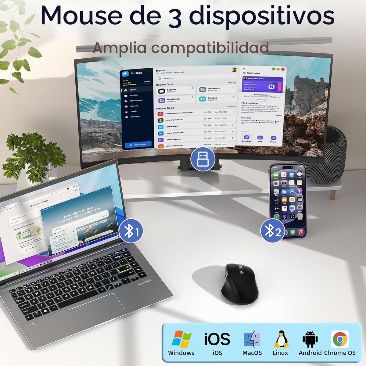 INFINMIND Ratón inalámbrico Bluetooth con desplazamiento lateral y...